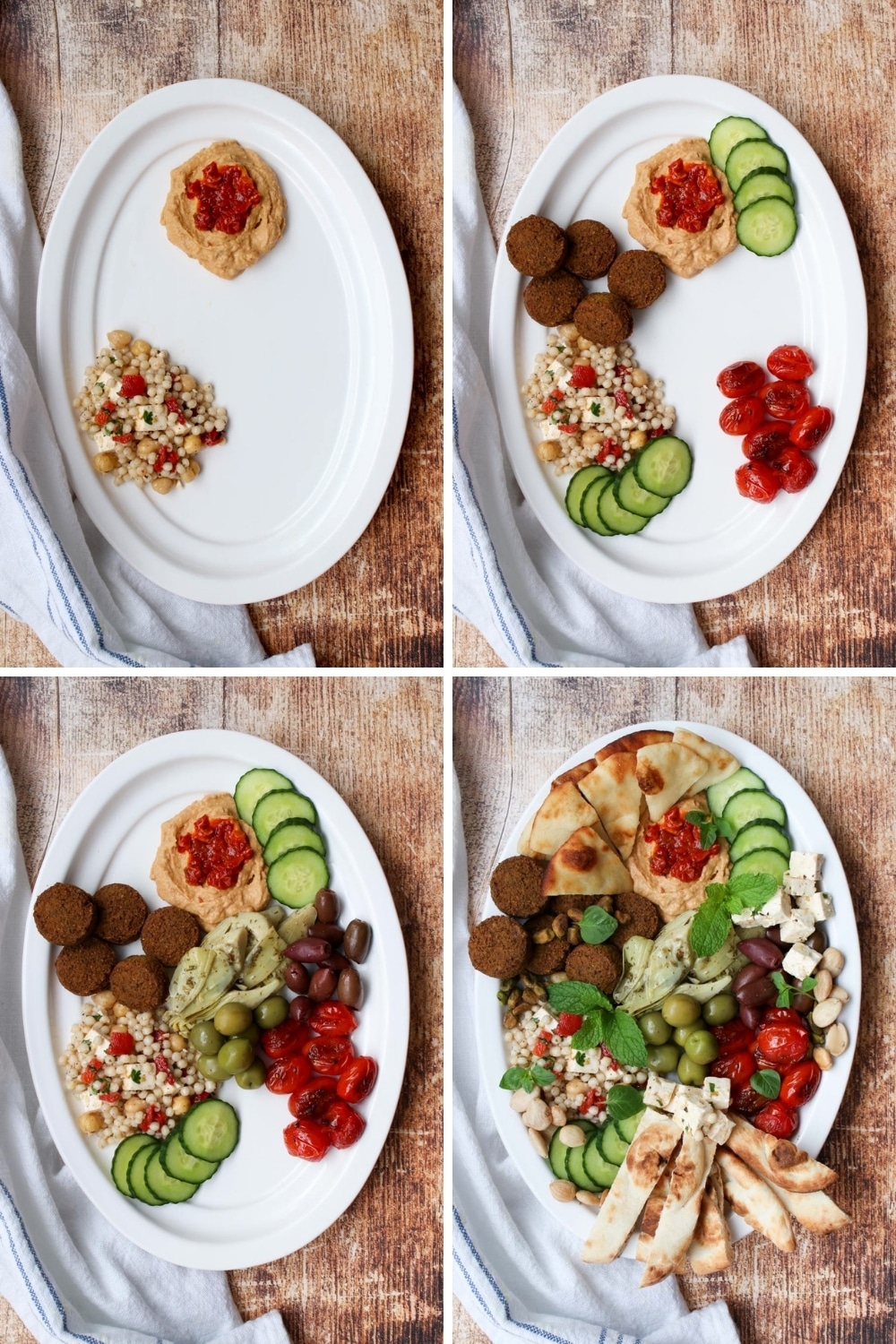 four photos of assembling a mezze platter