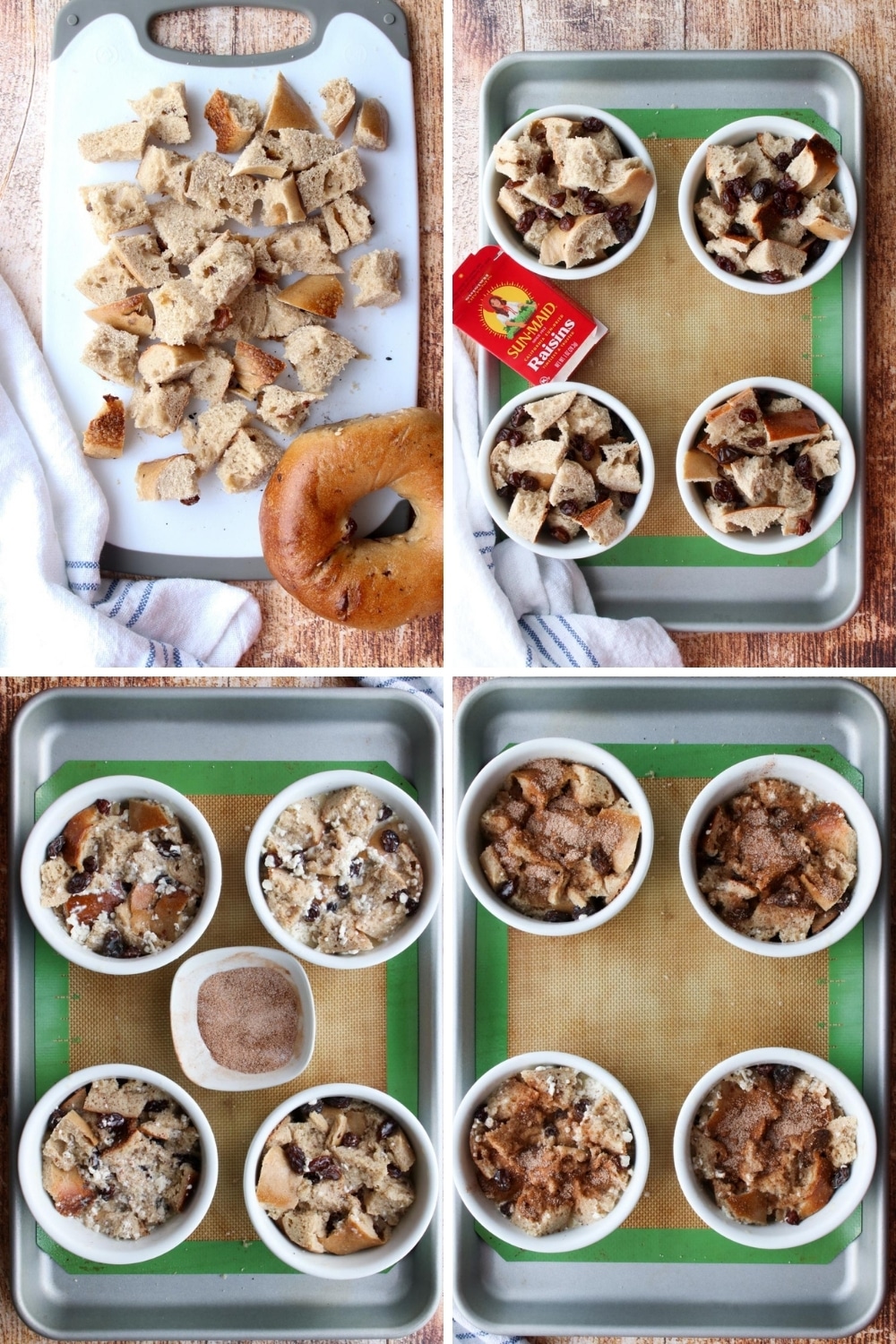 COLLAGE SHOWING STEPS TO MAKE CINNAMON RAISIN BAGEL BREAD PUDDING