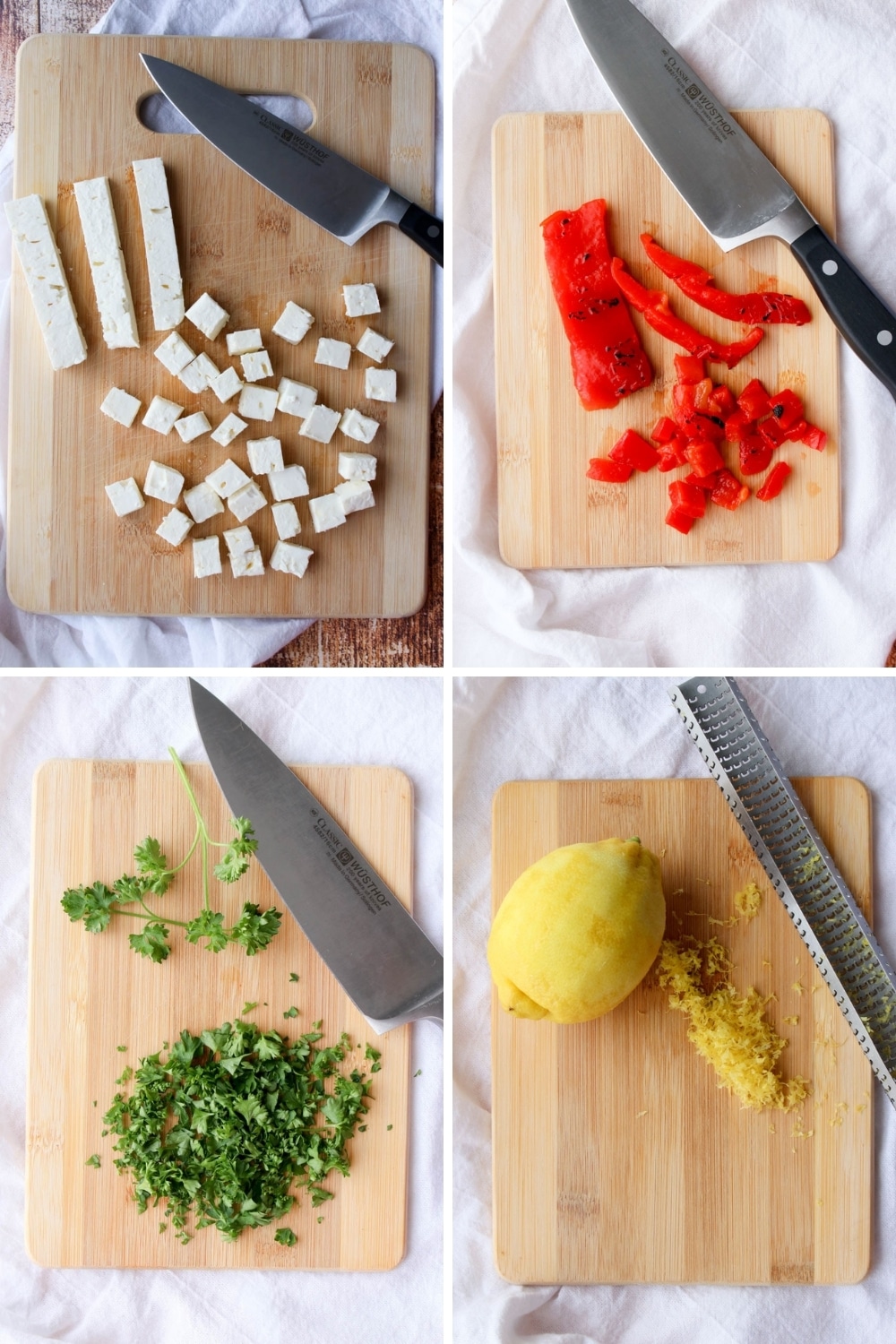 four photos cutting feta, red peppers, parsley, lemon