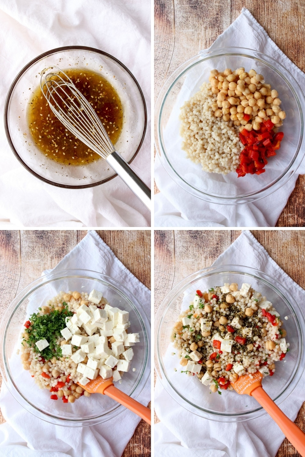 four photos showing how to assemble the couscous salad