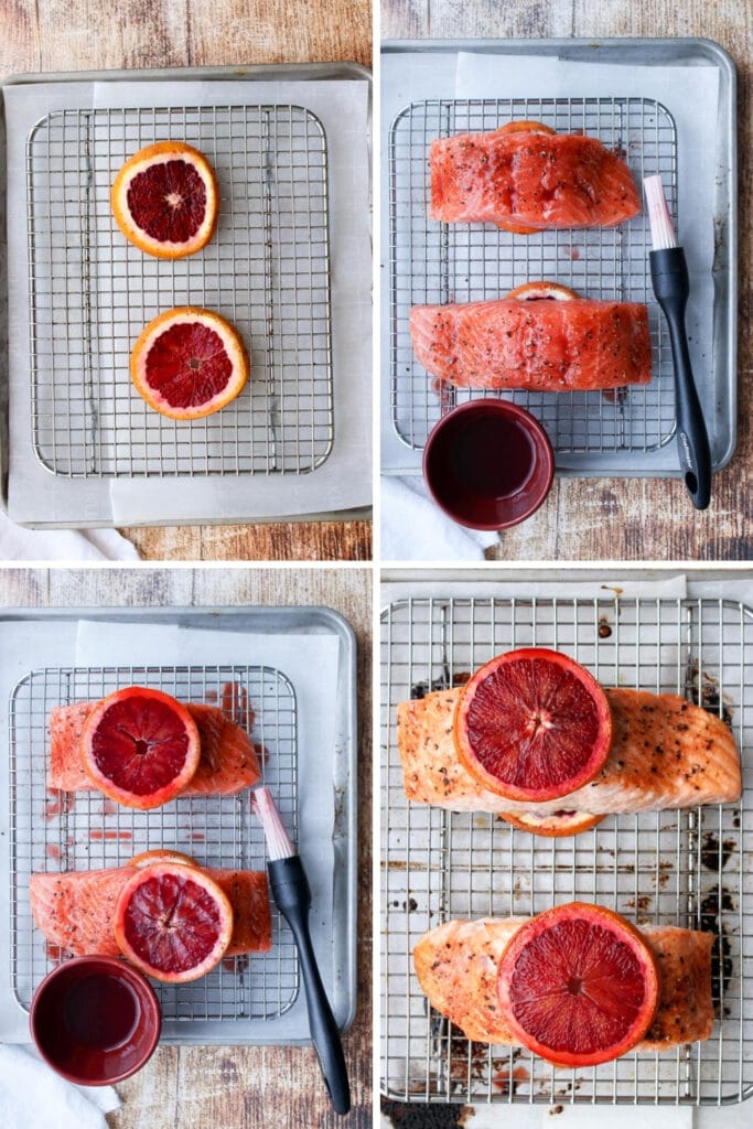 collage showing how to make blood orange glazed salmon