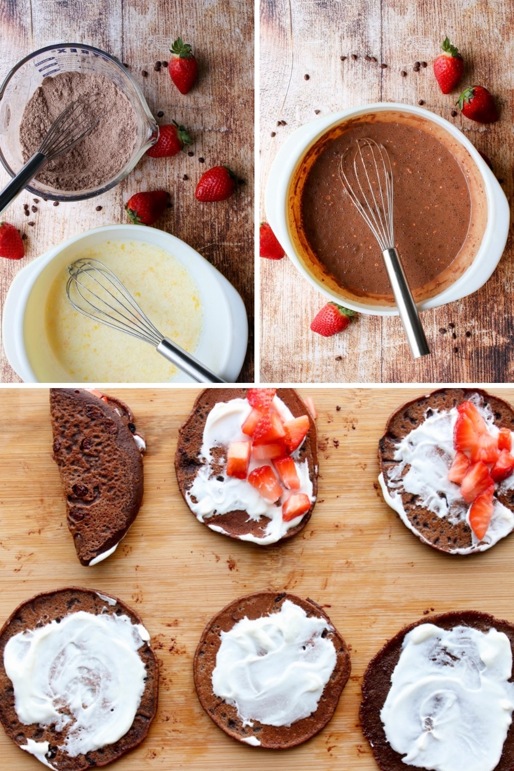 Collage showing how to make chocolate dessert tacos