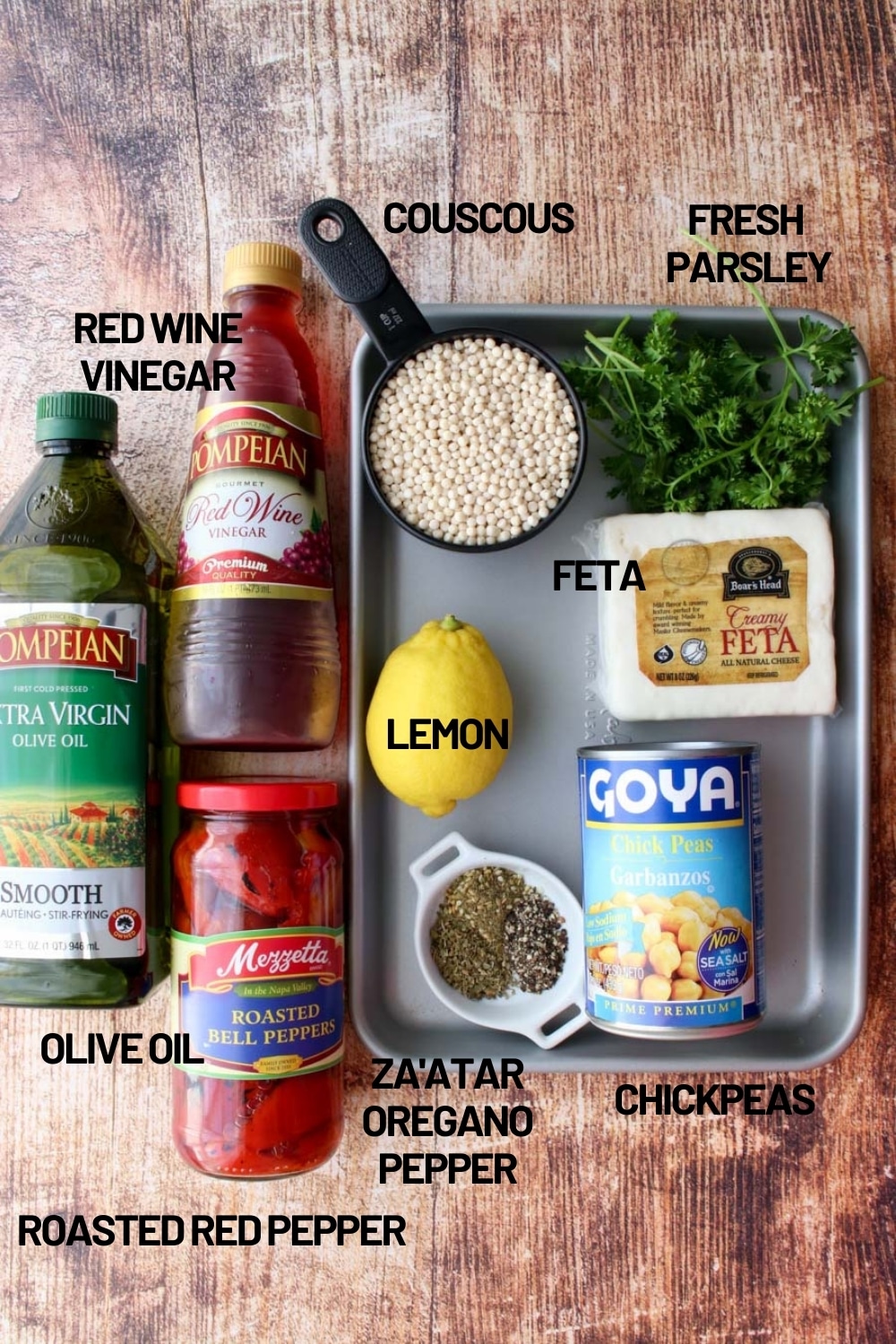 tray with ingredients to make couscous salad