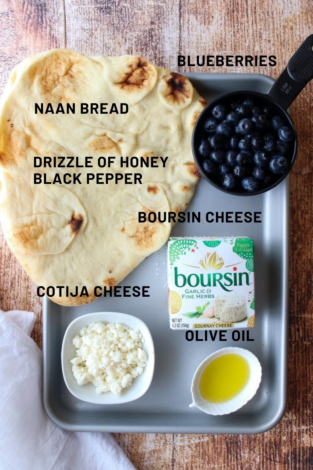 Ingredients for making blueberry Boursin flatbread