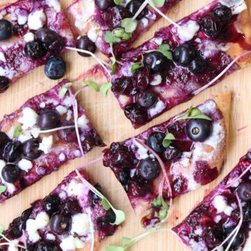 close up overhead photo of blueberry Boursin flatbread