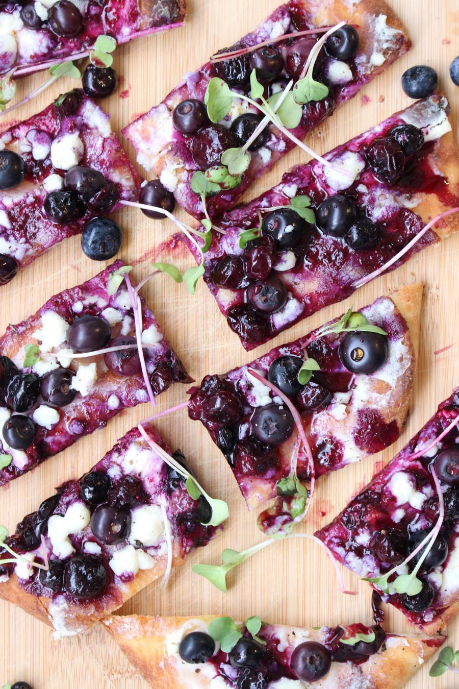 close up overhead photo of blueberry Boursin flatbread