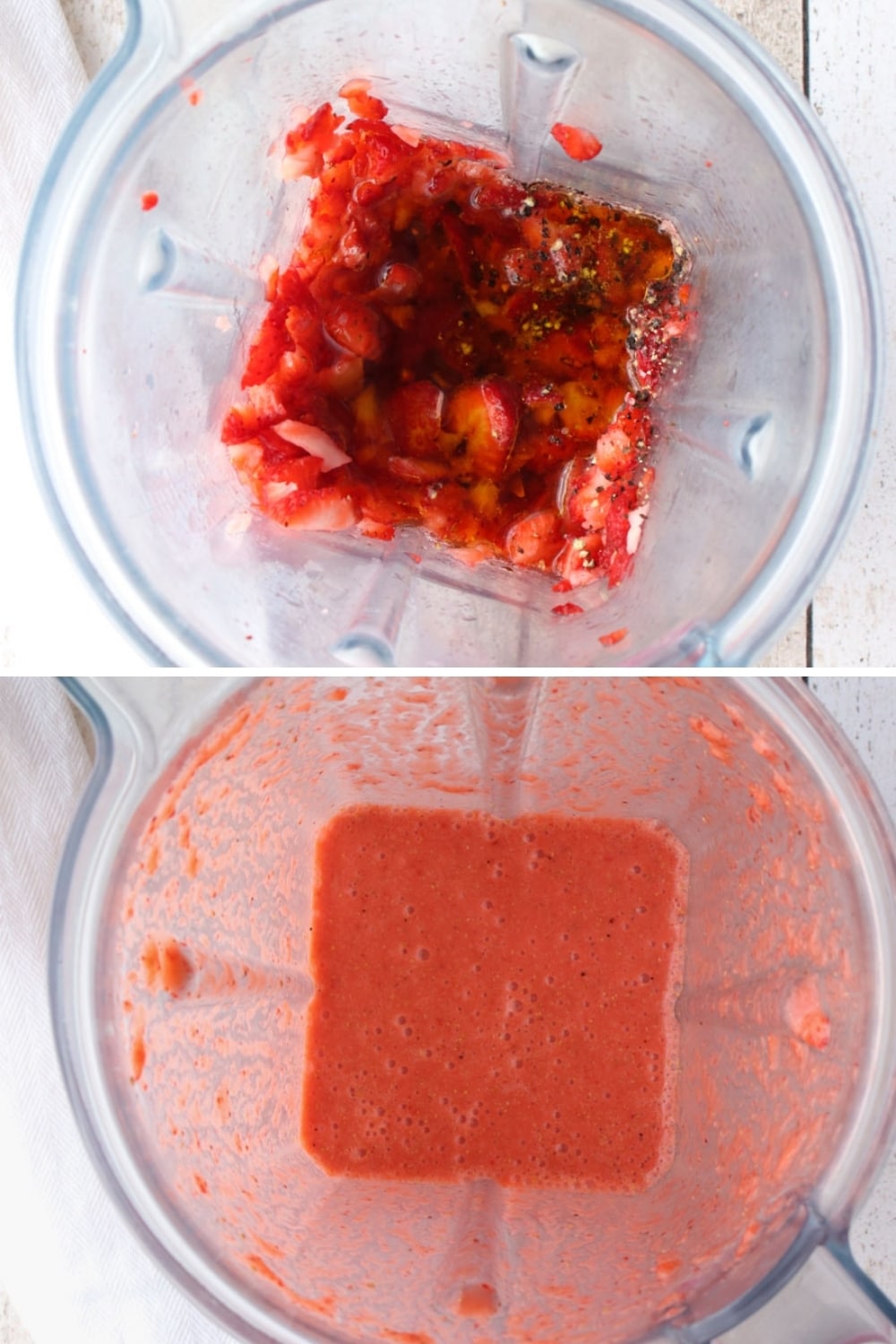 collage showing how to blend strawberry vinaigrette