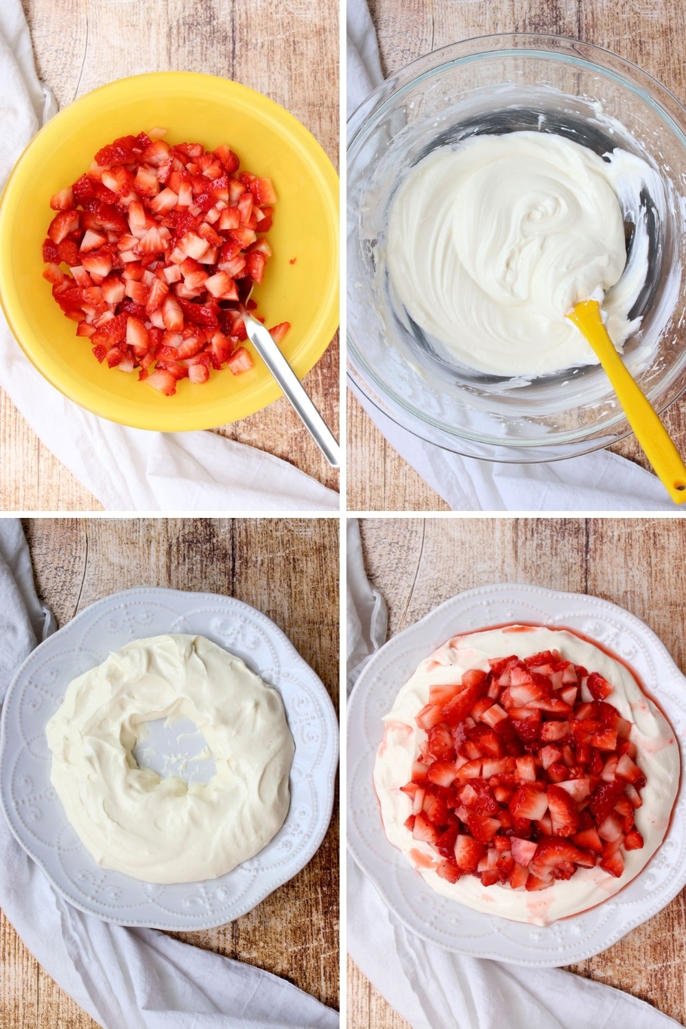 collage showing how to make strawberry cheesecake dip