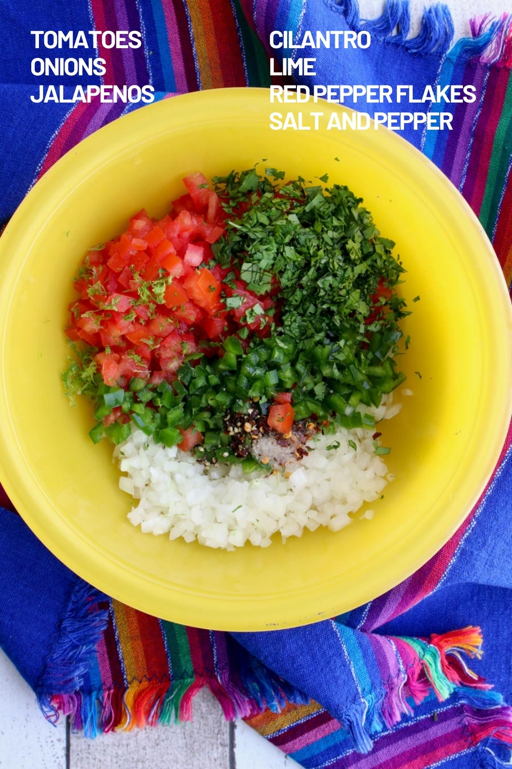 a yellow bowl filling with the ingredients to make pico de gallo