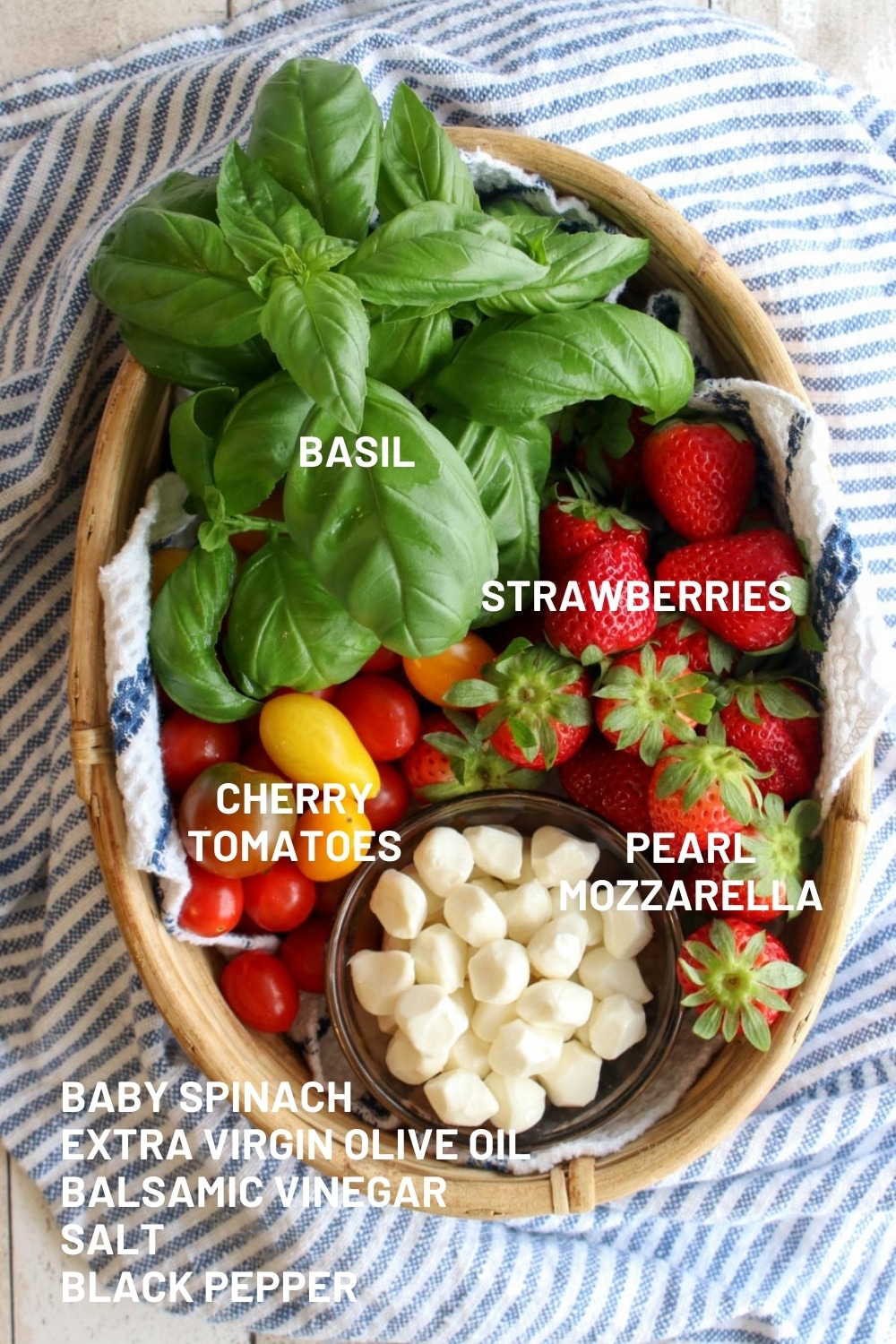 BASKET WITH THE INGREDIENTS TO MAKE STRAWBERRY CAPRESE SALAD