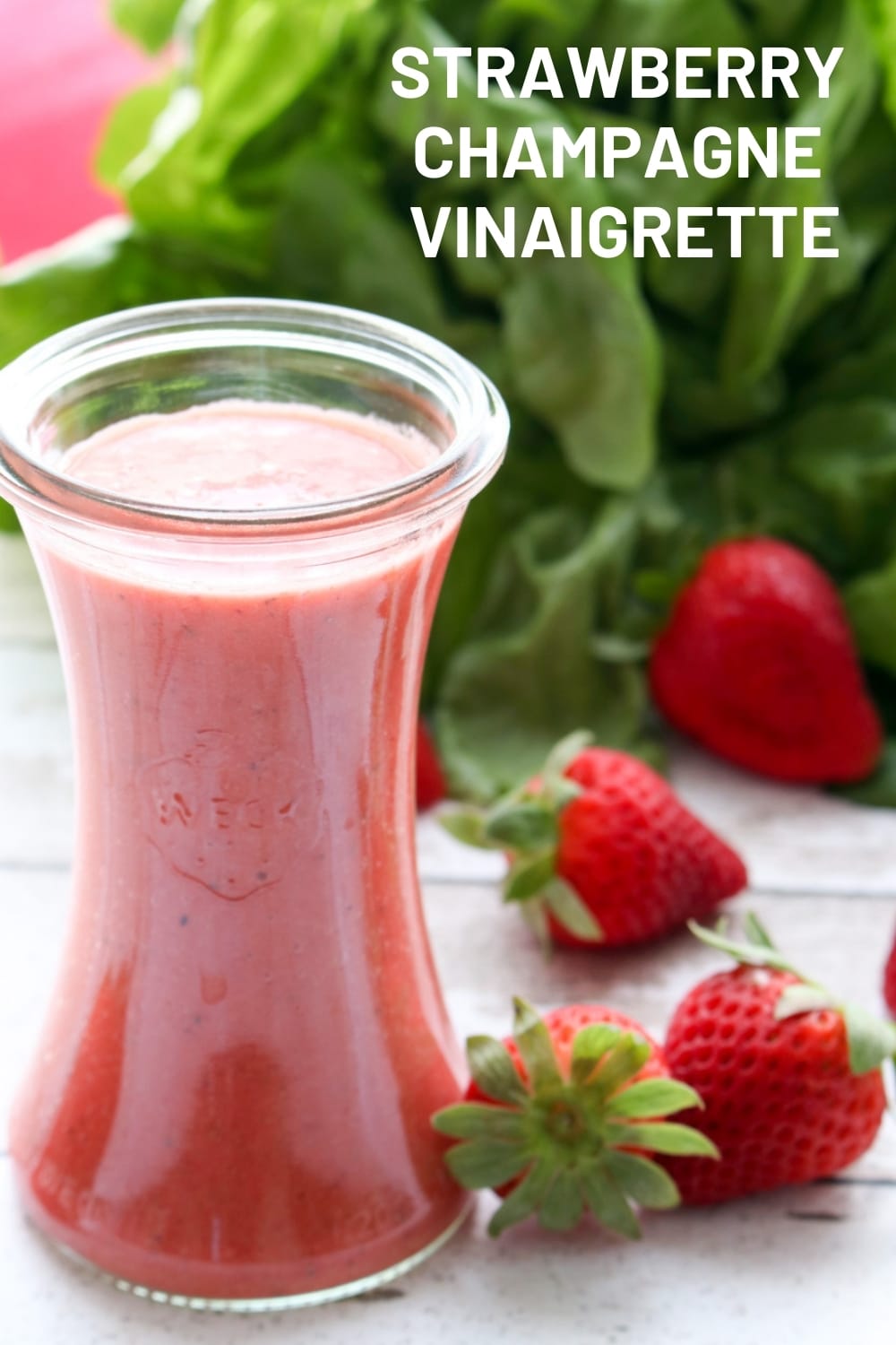 A colorful, sweet, tart, fresh strawberry champagne vinaigrette is easy to make. Just put the ingredients into a blender and mix. Perfect for your next family brunch or a casual lunch salad. via @krazykitchenmom