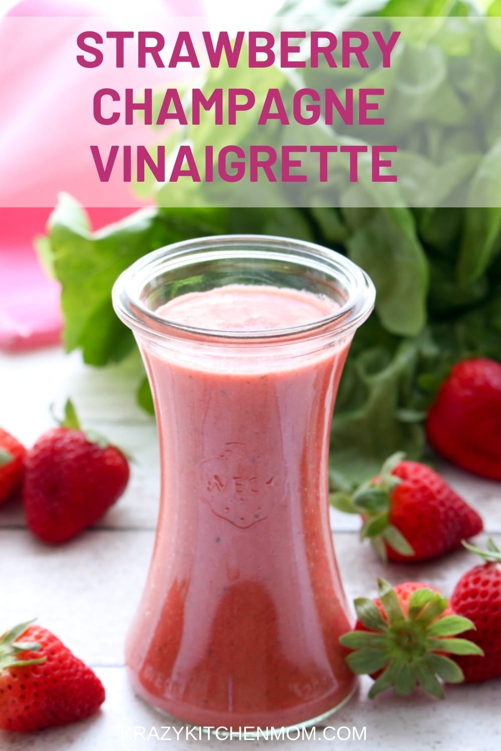 A colorful, sweet, tart, fresh strawberry champagne vinaigrette is easy to make. Just put the ingredients into a blender and mix. Perfect for your next family brunch or a casual lunch salad. via @krazykitchenmom