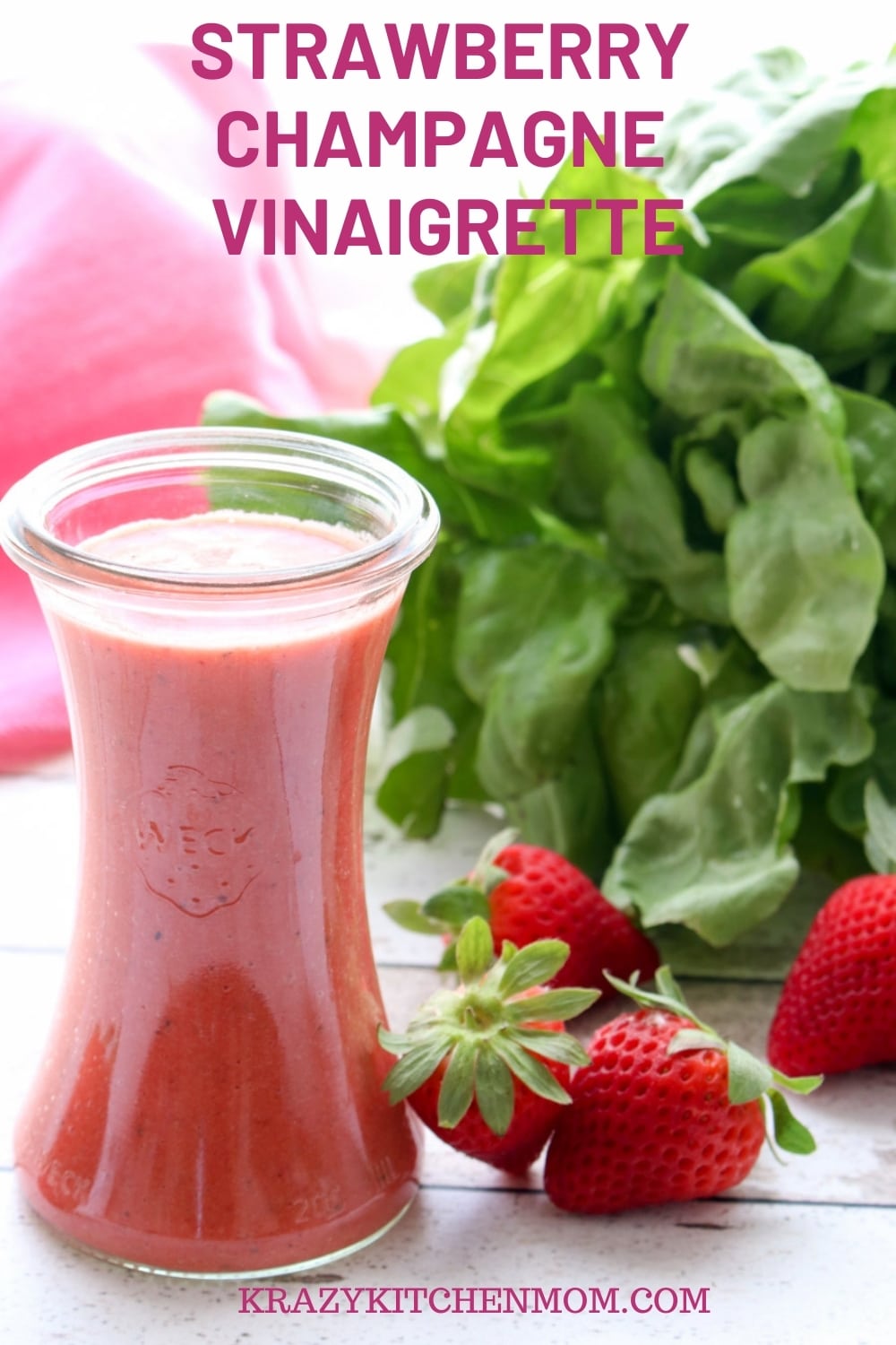 A colorful, sweet, tart, fresh strawberry champagne vinaigrette is easy to make. Just put the ingredients into a blender and mix. Perfect for your next family brunch or a casual lunch salad. via @krazykitchenmom