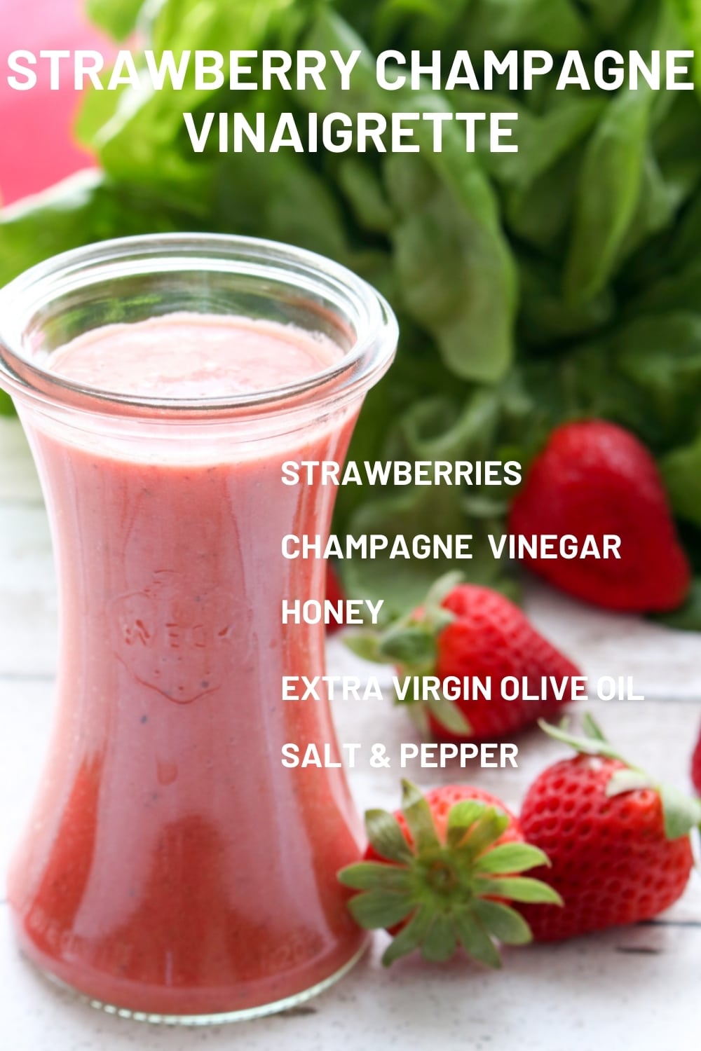 A colorful, sweet, tart, fresh strawberry champagne vinaigrette is easy to make. Just put the ingredients into a blender and mix. Perfect for your next family brunch or a casual lunch salad. via @krazykitchenmom