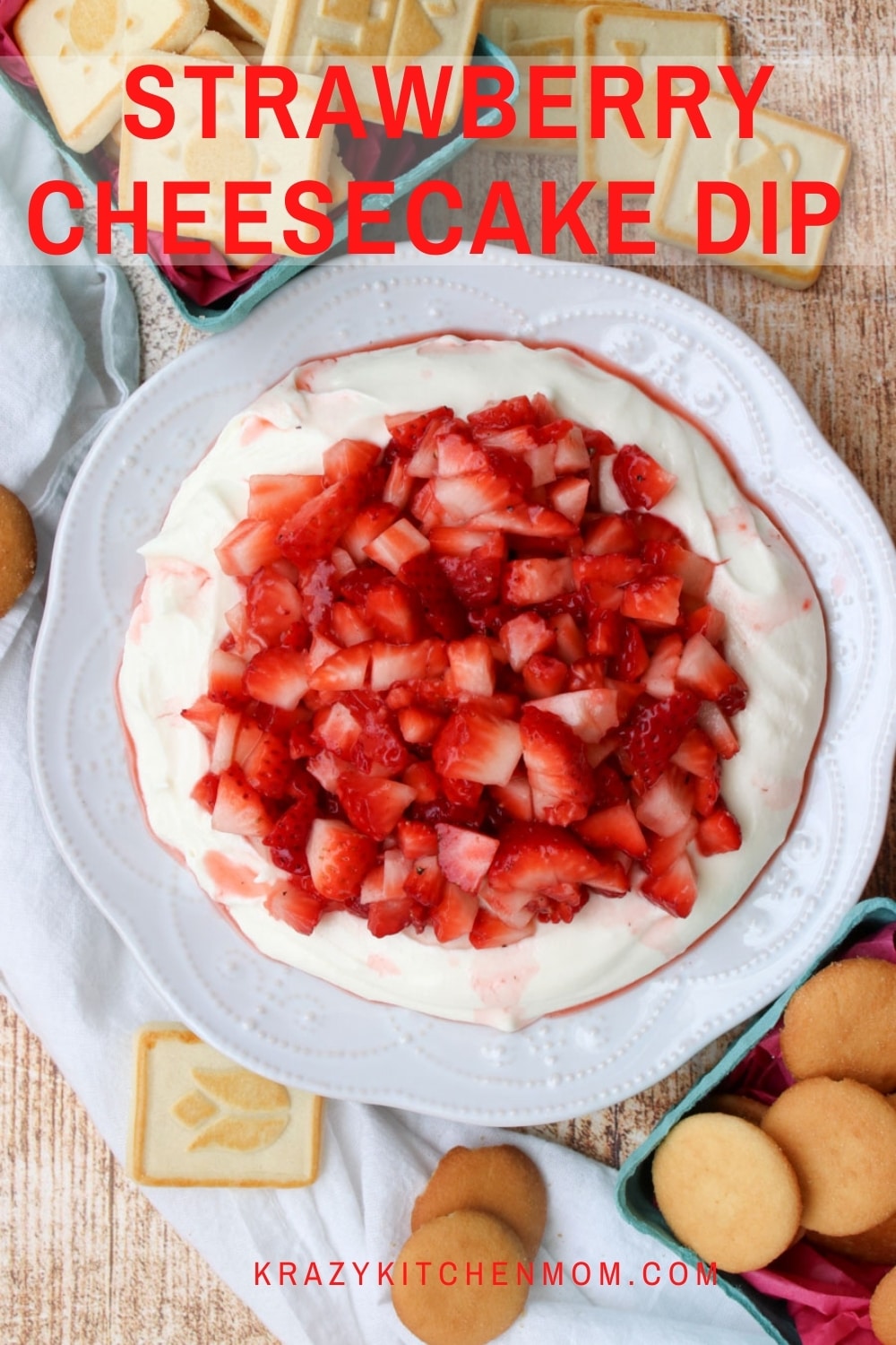 No-bake, super creamy, light, and fluffy cheesecake filling topped with fresh sweet strawberries. Serve it with cookies or fruit for dipping. via @krazykitchenmom