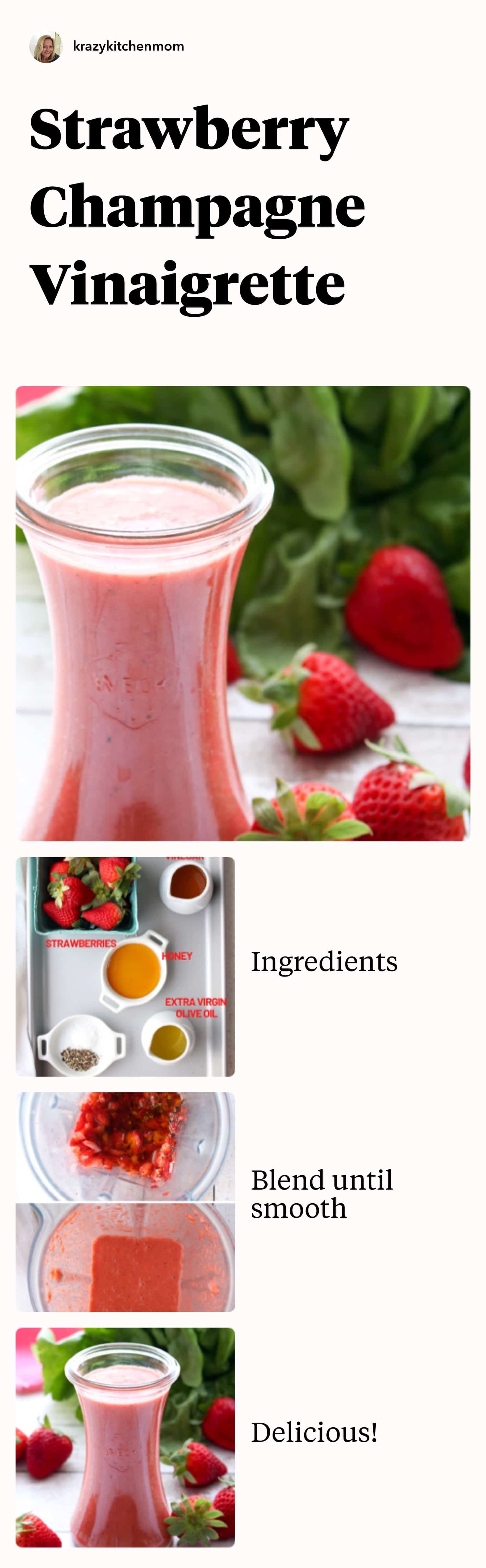 A colorful, sweet, tart, fresh strawberry champagne vinaigrette is easy to make. Just put the ingredients into a blender and mix. Perfect for your next family brunch or a casual lunch salad. via @krazykitchenmom