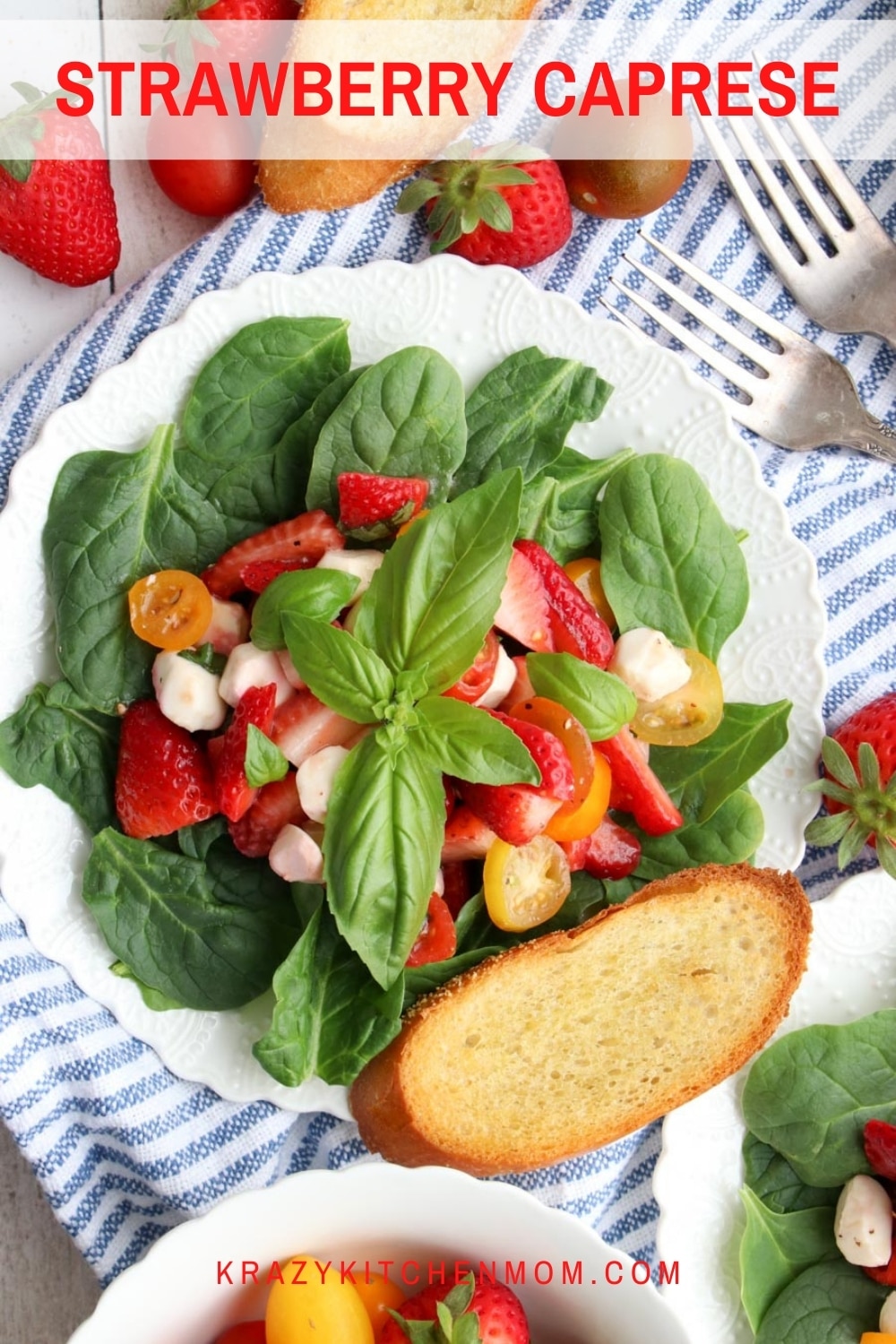 Traditional Caprese Salad dressed up for spring and summer by adding ripe juicy strawberries. It's perfect for any spring or summer gathering. via @krazykitchenmom