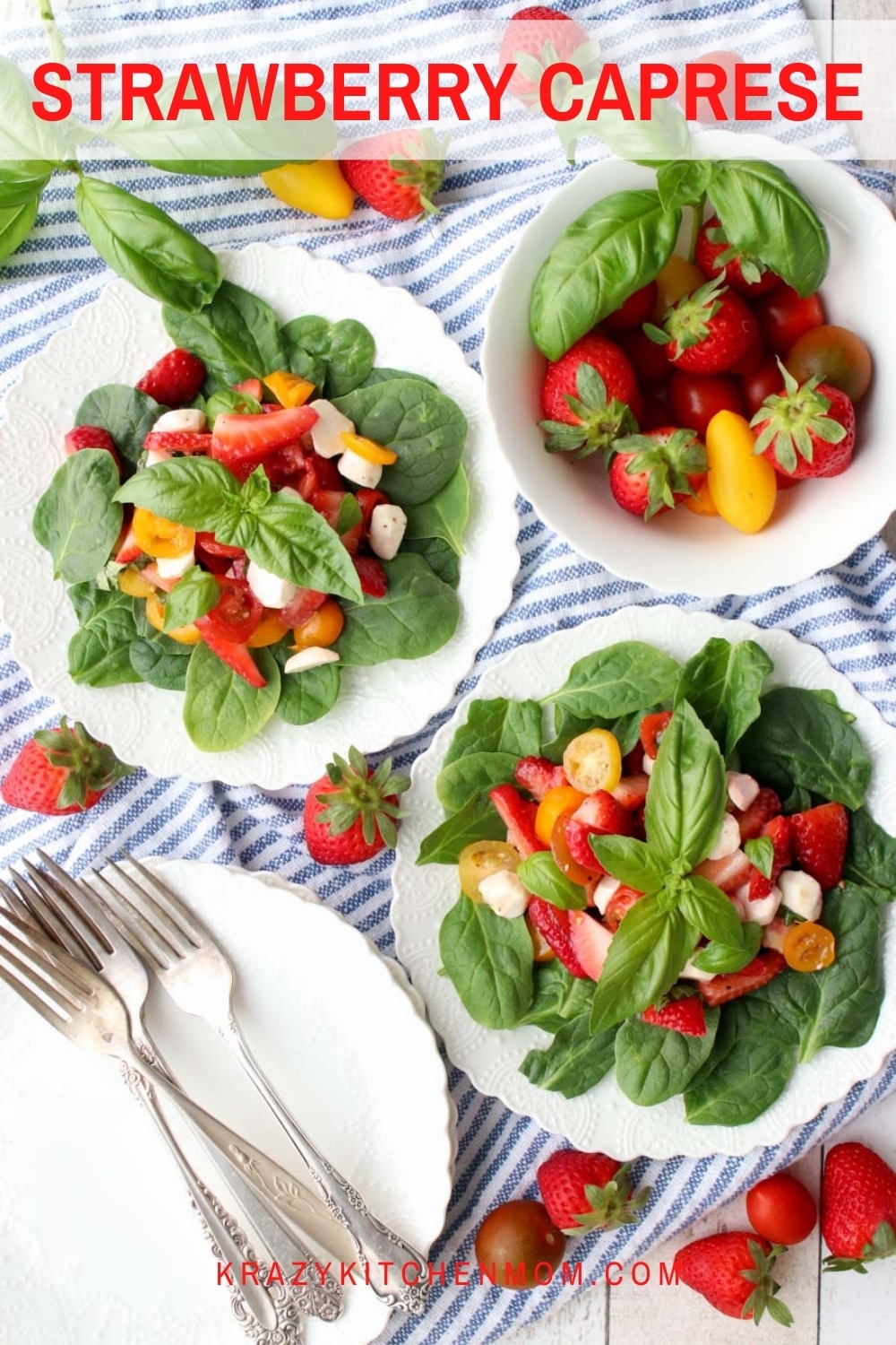 Traditional Caprese Salad dressed up for spring and summer by adding ripe juicy strawberries. It's perfect for any spring or summer gathering. via @krazykitchenmom