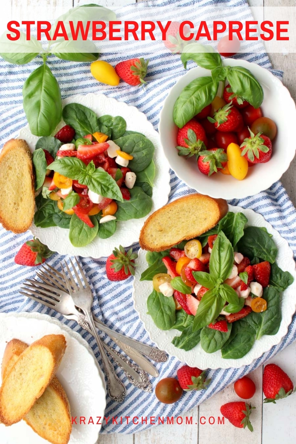 Traditional Caprese Salad dressed up for spring and summer by adding ripe juicy strawberries. It's perfect for any spring or summer gathering. via @krazykitchenmom