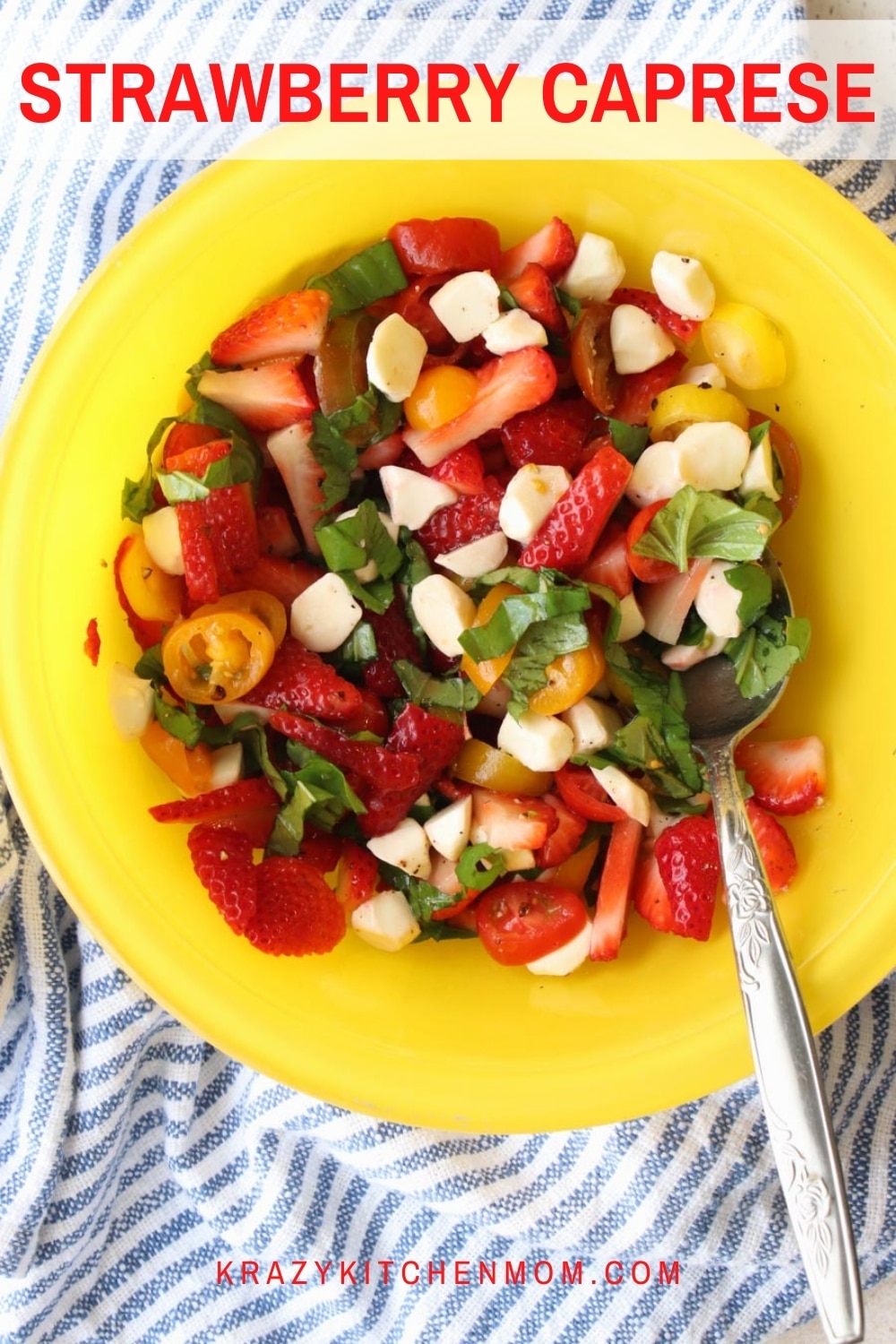 Traditional Caprese Salad dressed up for spring and summer by adding ripe juicy strawberries. It's perfect for any spring or summer gathering. via @krazykitchenmom