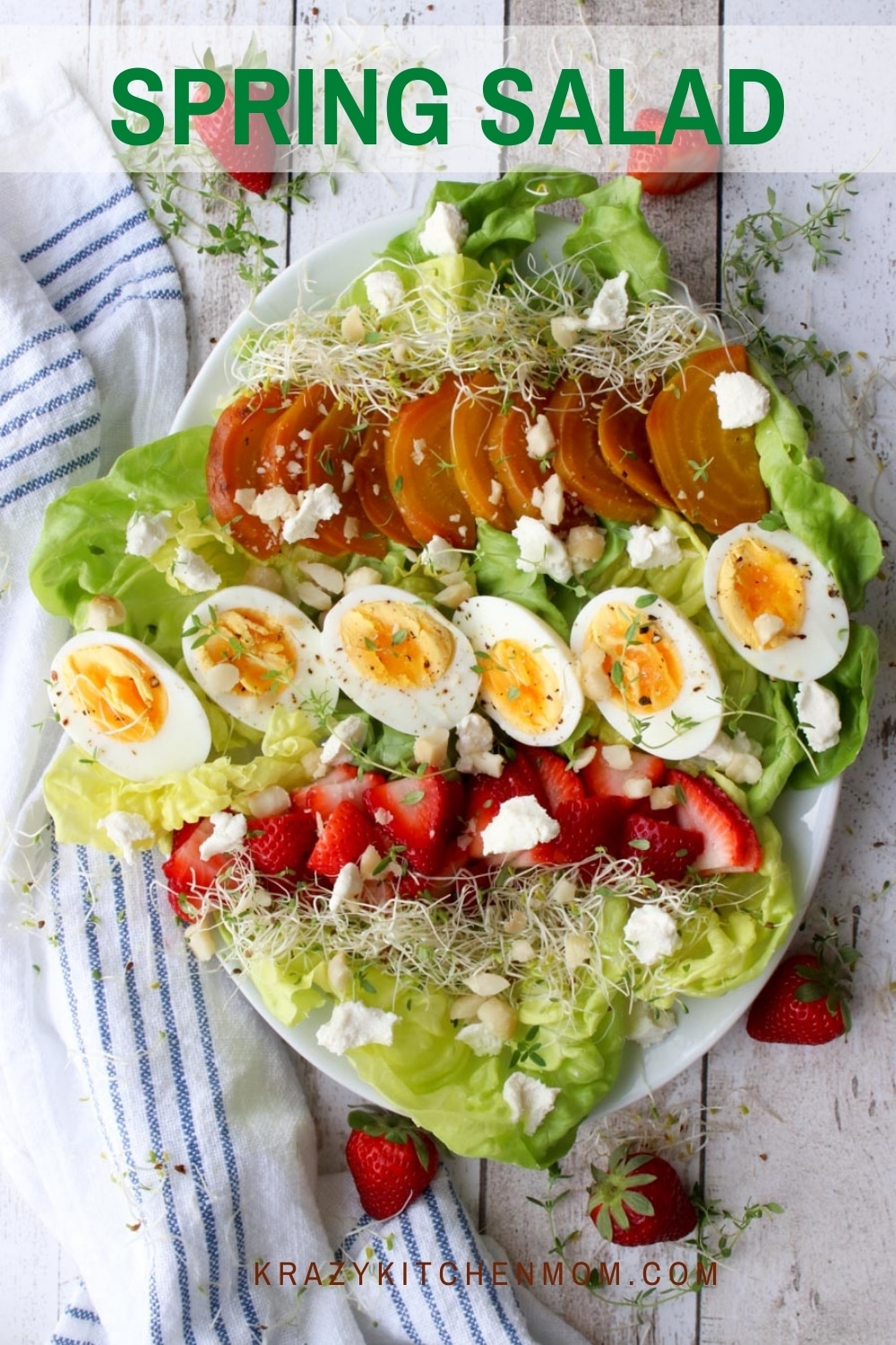 This fresh spring salad filled with soft crispy butter lettuce, strawberries, beets, hard-boiled eggs, and goat cheese will brighten any salad lover's day. via @krazykitchenmom