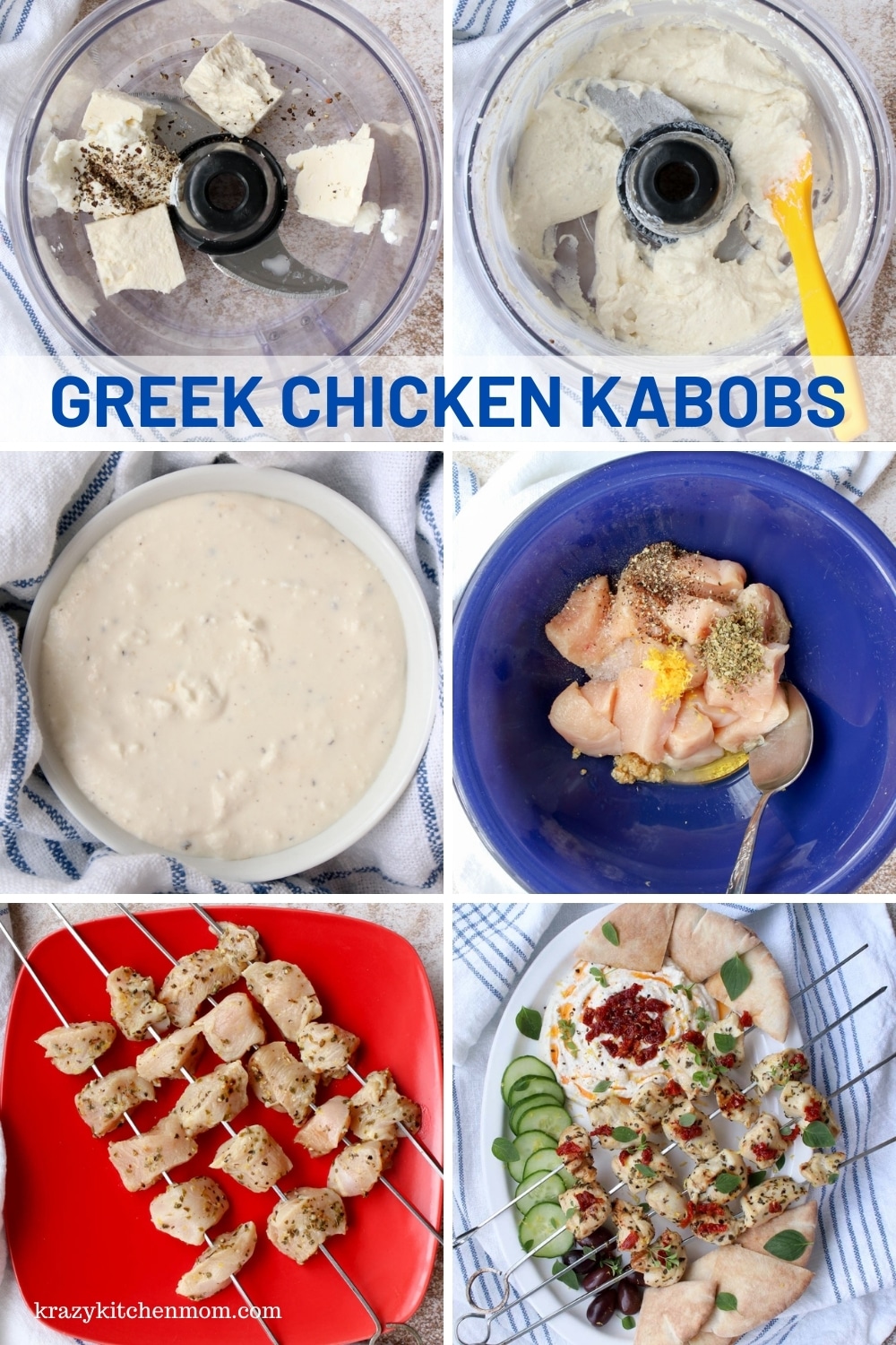 Fire up the grill for our new favorite Greek chicken kabobs. These kabobs are made with a tasty marinade and serve with whipped feta cheese. via @krazykitchenmom
