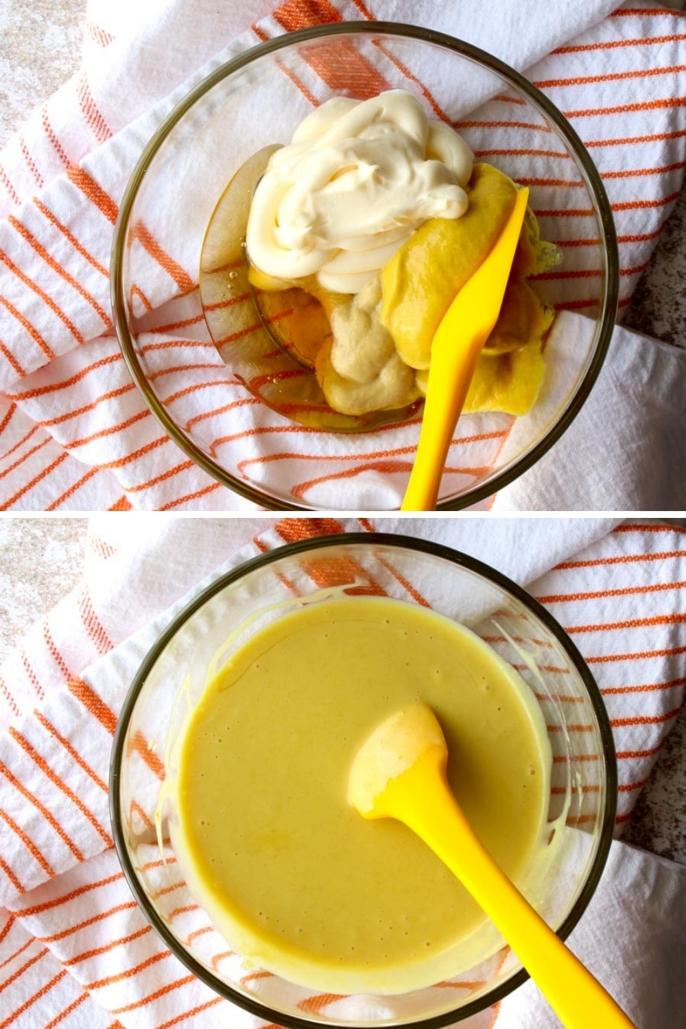 2 photos showing mixing honey mustard sauce