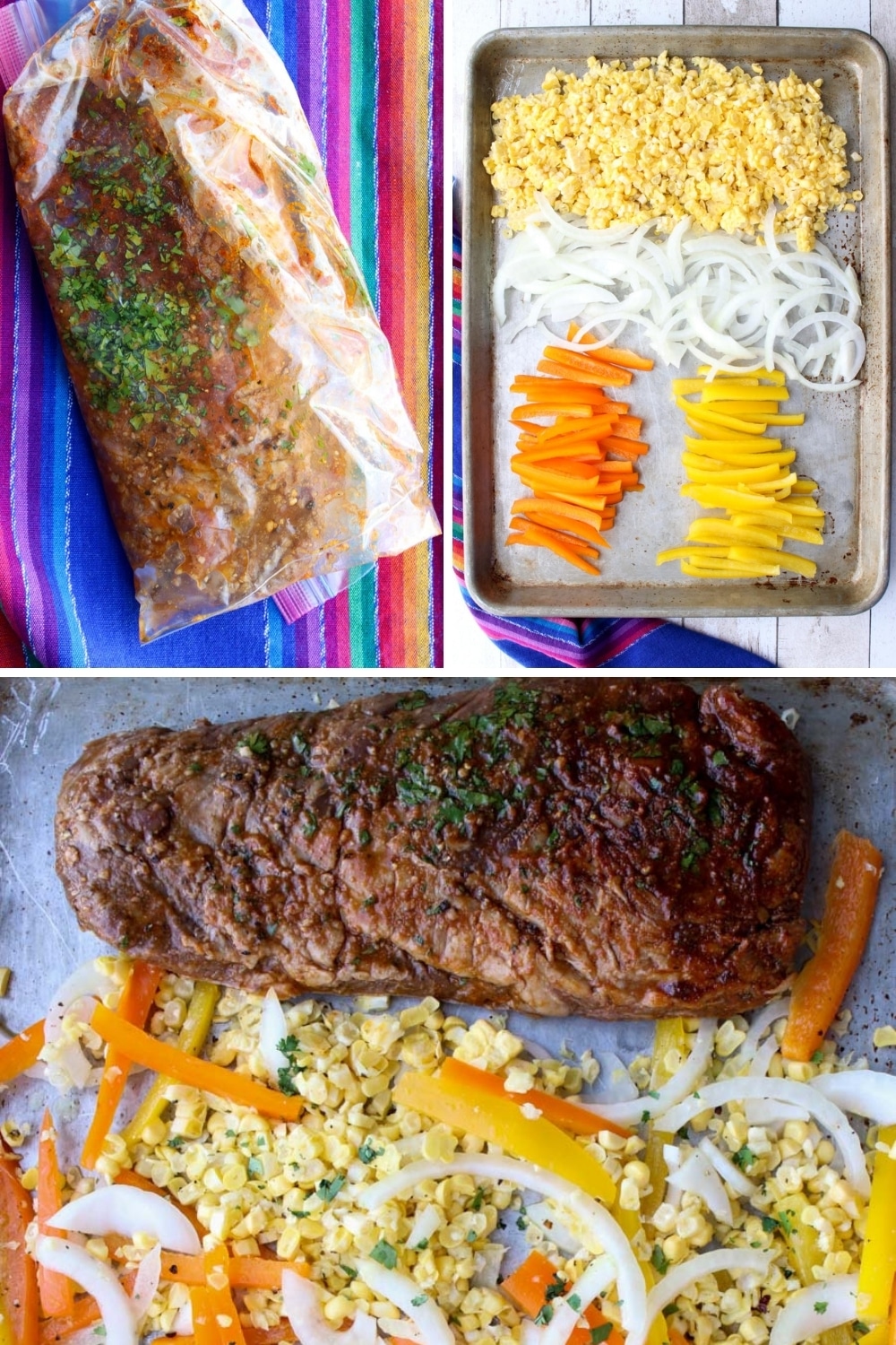 three photos showing how to make sheet pan fajitas