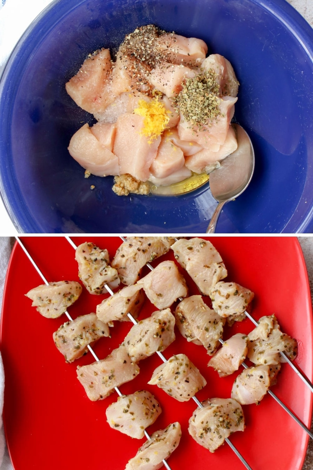 2 photos showing chicken marinade and chicken on skewers