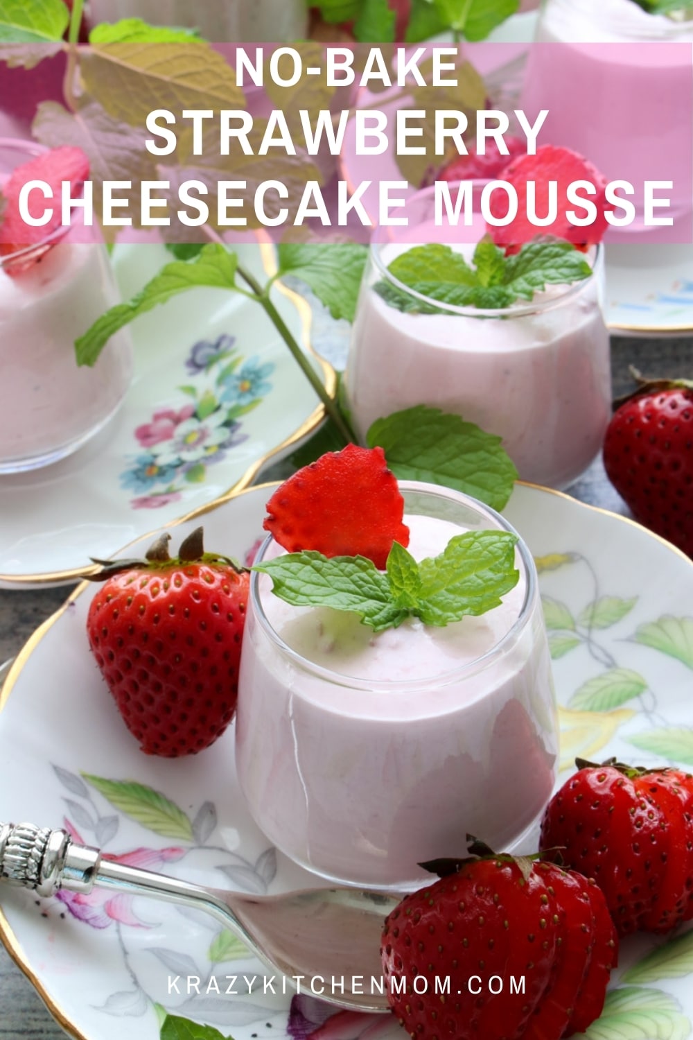 Smooth, creamy, silky strawberry cheesecake mousse with bits of fresh strawberries. It has all of the flavors of a baked cheesecake without the work.  via @krazykitchenmom