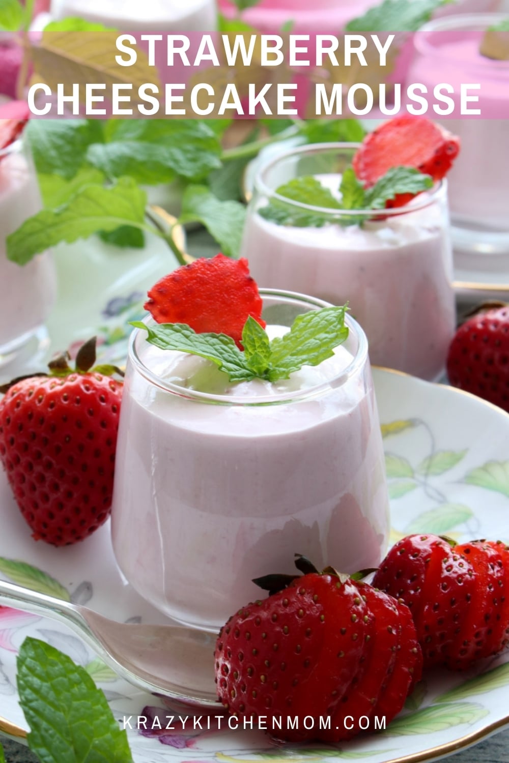 Smooth, creamy, silky strawberry cheesecake mousse with bits of fresh strawberries. It has all of the flavors of a baked cheesecake without the work.  via @krazykitchenmom