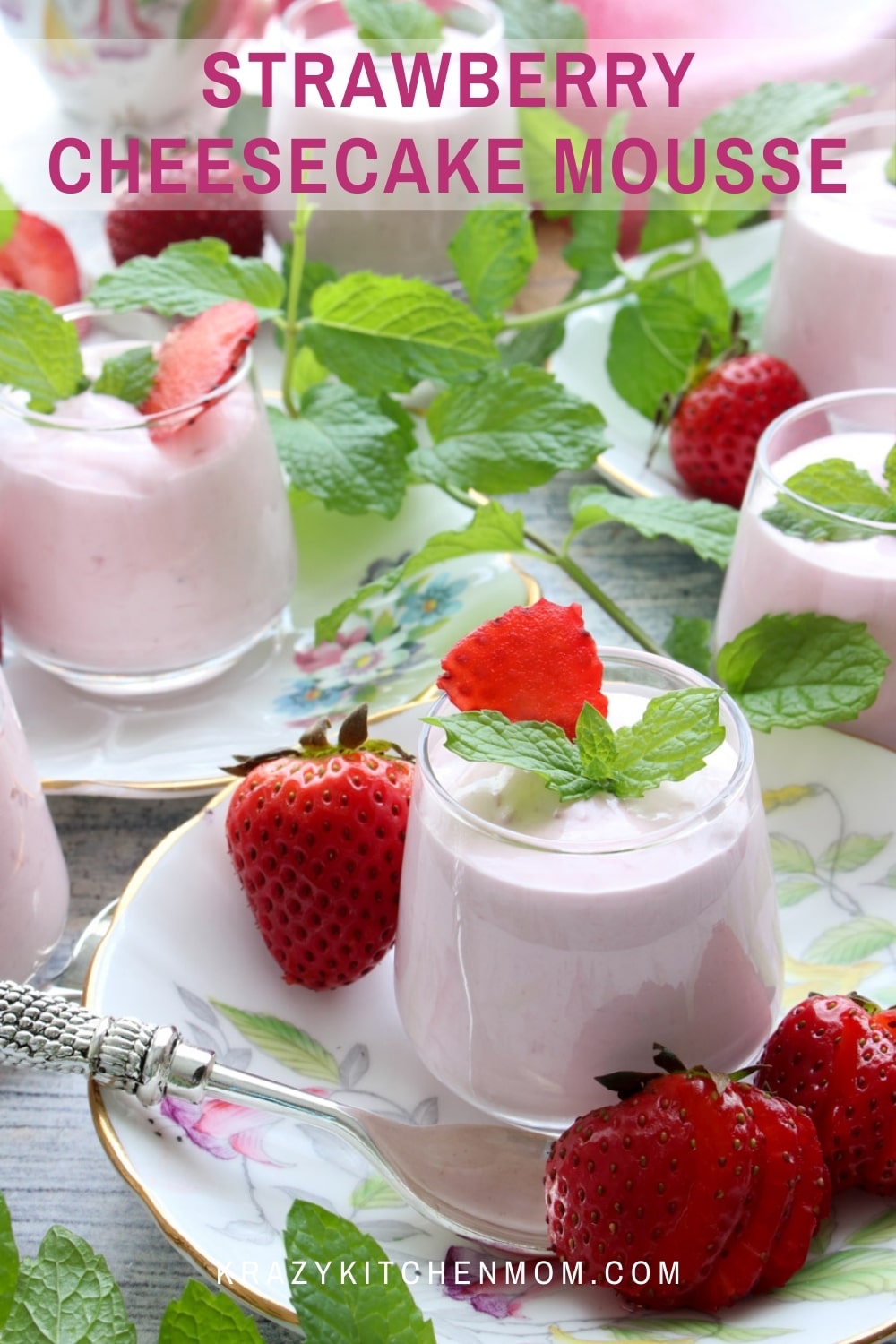 Smooth, creamy, silky strawberry cheesecake mousse with bits of fresh strawberries. It has all of the flavors of a baked cheesecake without the work.  via @krazykitchenmom