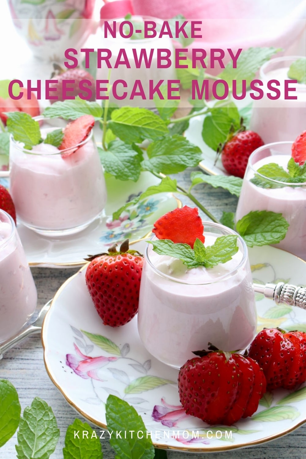 Smooth, creamy, silky strawberry cheesecake mousse with bits of fresh strawberries. It has all of the flavors of a baked cheesecake without the work.  via @krazykitchenmom