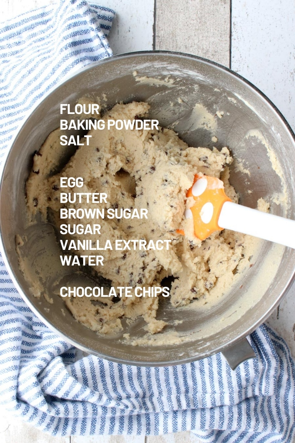 Yellow bowl with the cookie ingredients listed