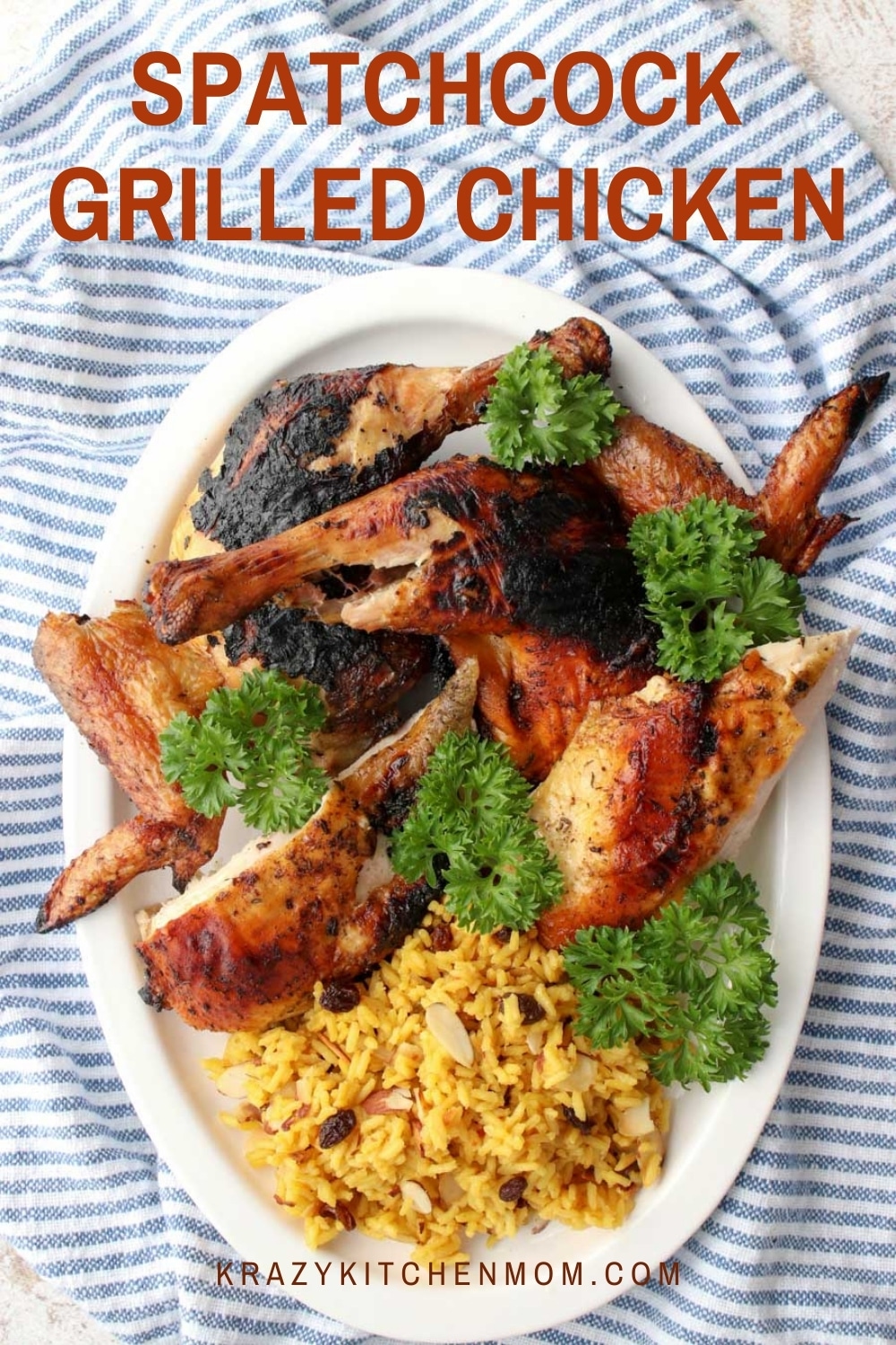 Juicy, tender, grilled chicken rubbed with herbs and spices and flattened for grilling. Spatchcocking the chicken allows it to cook evenly. via @krazykitchenmom