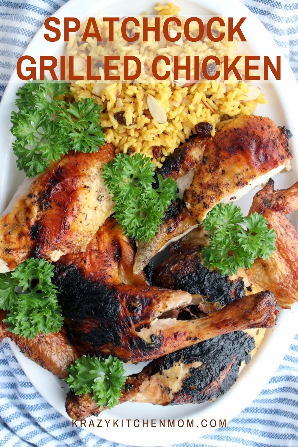 Juicy, tender, grilled chicken rubbed with herbs and spices and flattened for grilling. Spatchcocking the chicken allows it to cook evenly. via @krazykitchenmom