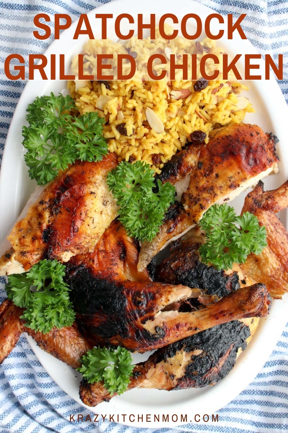 JJuicy, tender, grilled chicken rubbed with herbs and spices and flattened for grilling. Spatchcocking the chicken allows it to cook evenly. via @krazykitchenmom