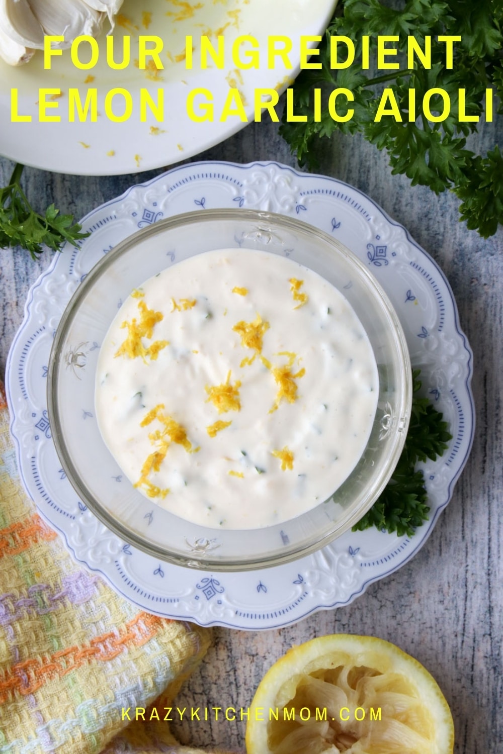 Make a creamy, zesty, bright, aioli using only four ingredients. Use it where ever you would use mayonnaise - as a spread or a dip. Creamy, zesty, bright deliciousness. via @krazykitchenmom