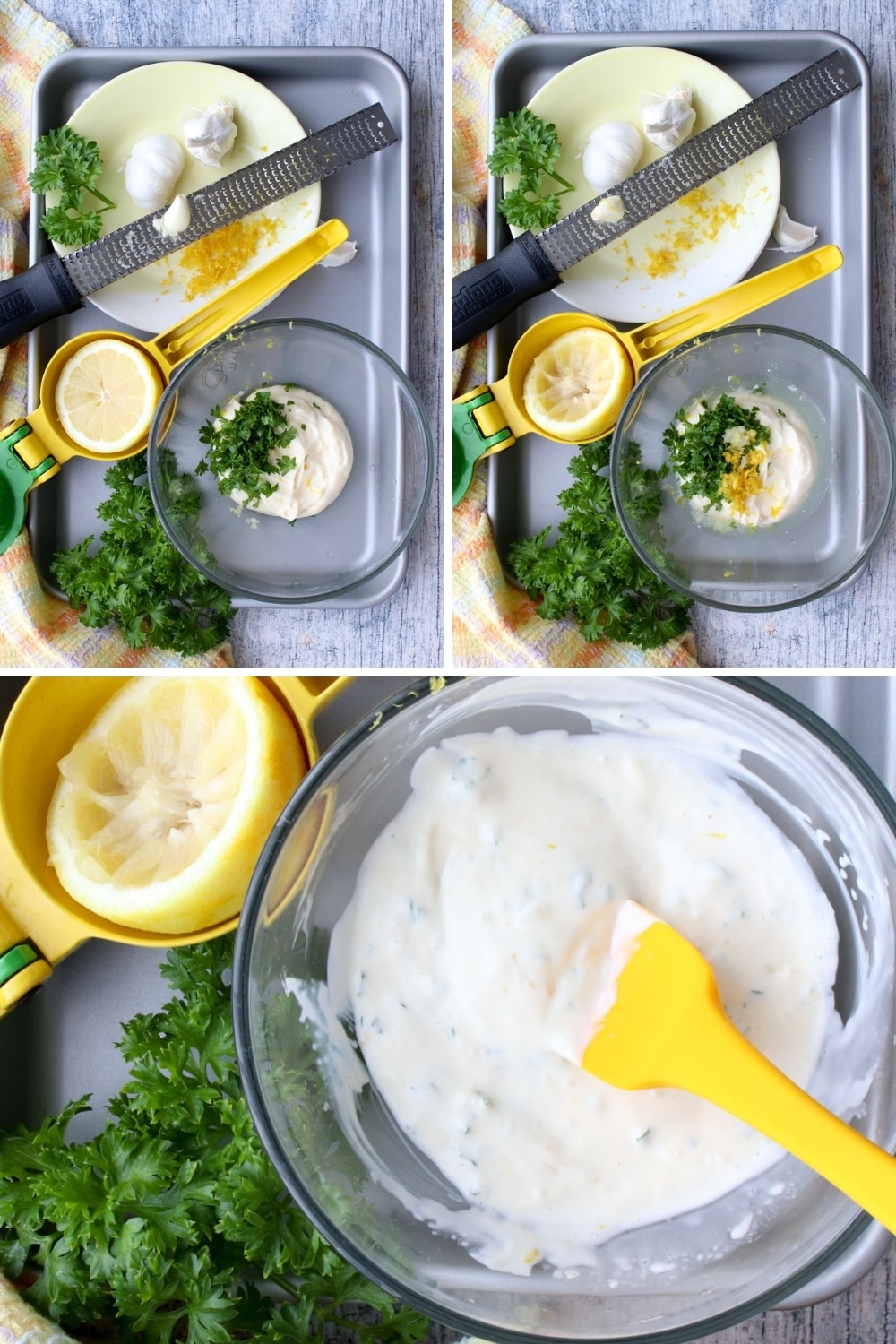 collage showing how to make lemon garlic aioli