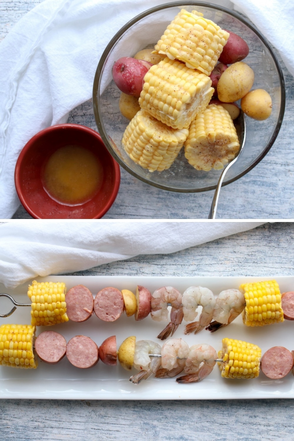 Two photos showing how to make kabobs