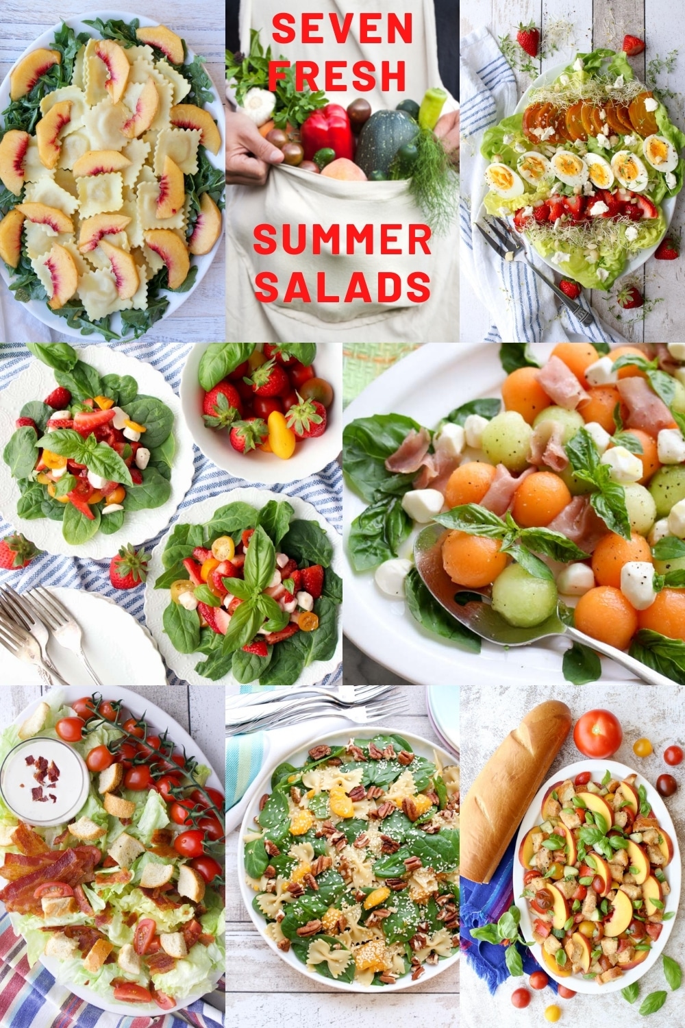 Collage of seven summer salads