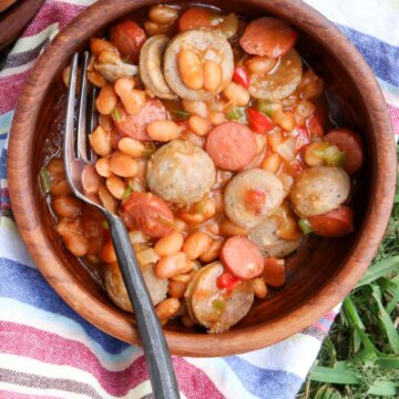 wooden bowl of beans and weenies