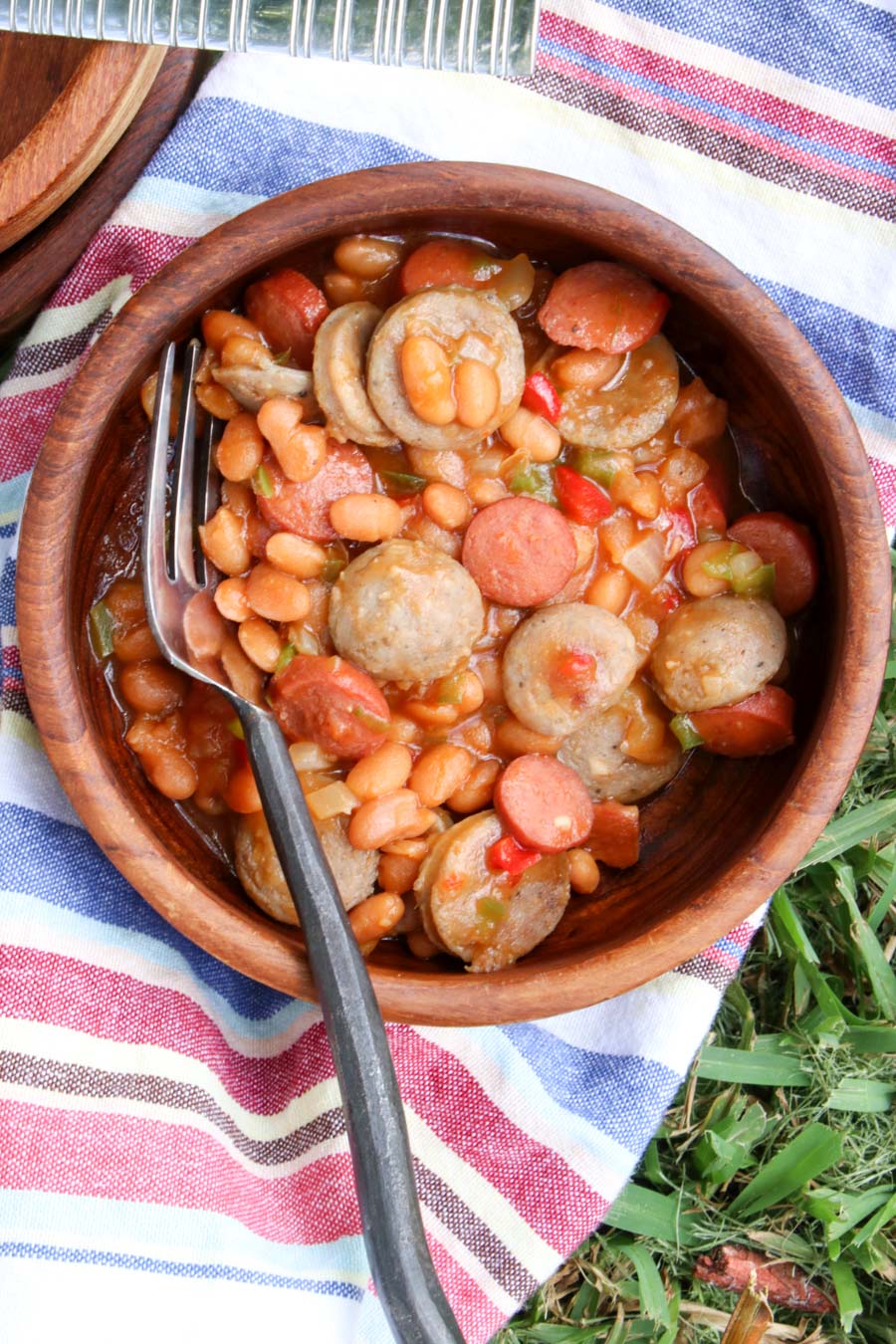 wooden bowl of beans and weenies