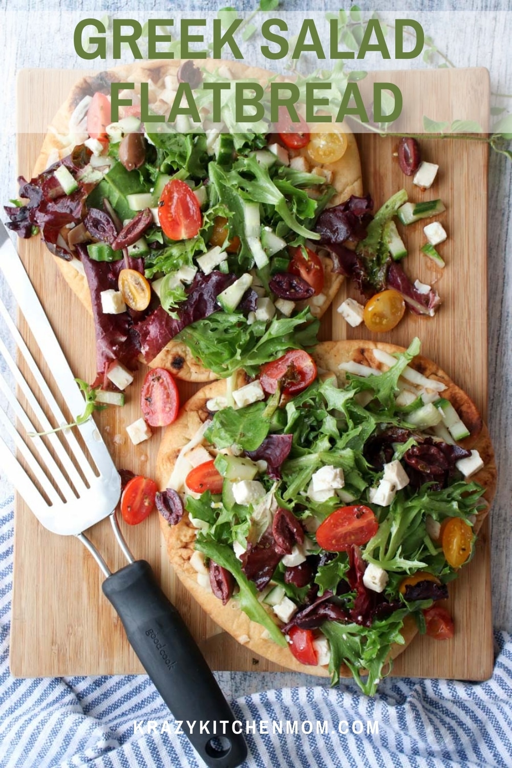 This is the best of both worlds - pizza and salad. A bright flavor-packed Greek salad on top of a flatbread covered in melted cheese and diced chicken. via @krazykitchenmom