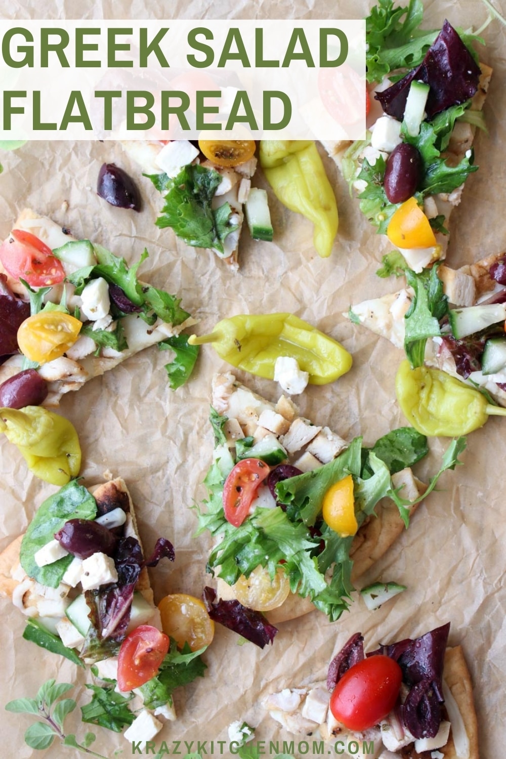 This is the best of both worlds - pizza and salad. A bright flavor-packed Greek salad on top of a flatbread covered in melted cheese and diced chicken. via @krazykitchenmom