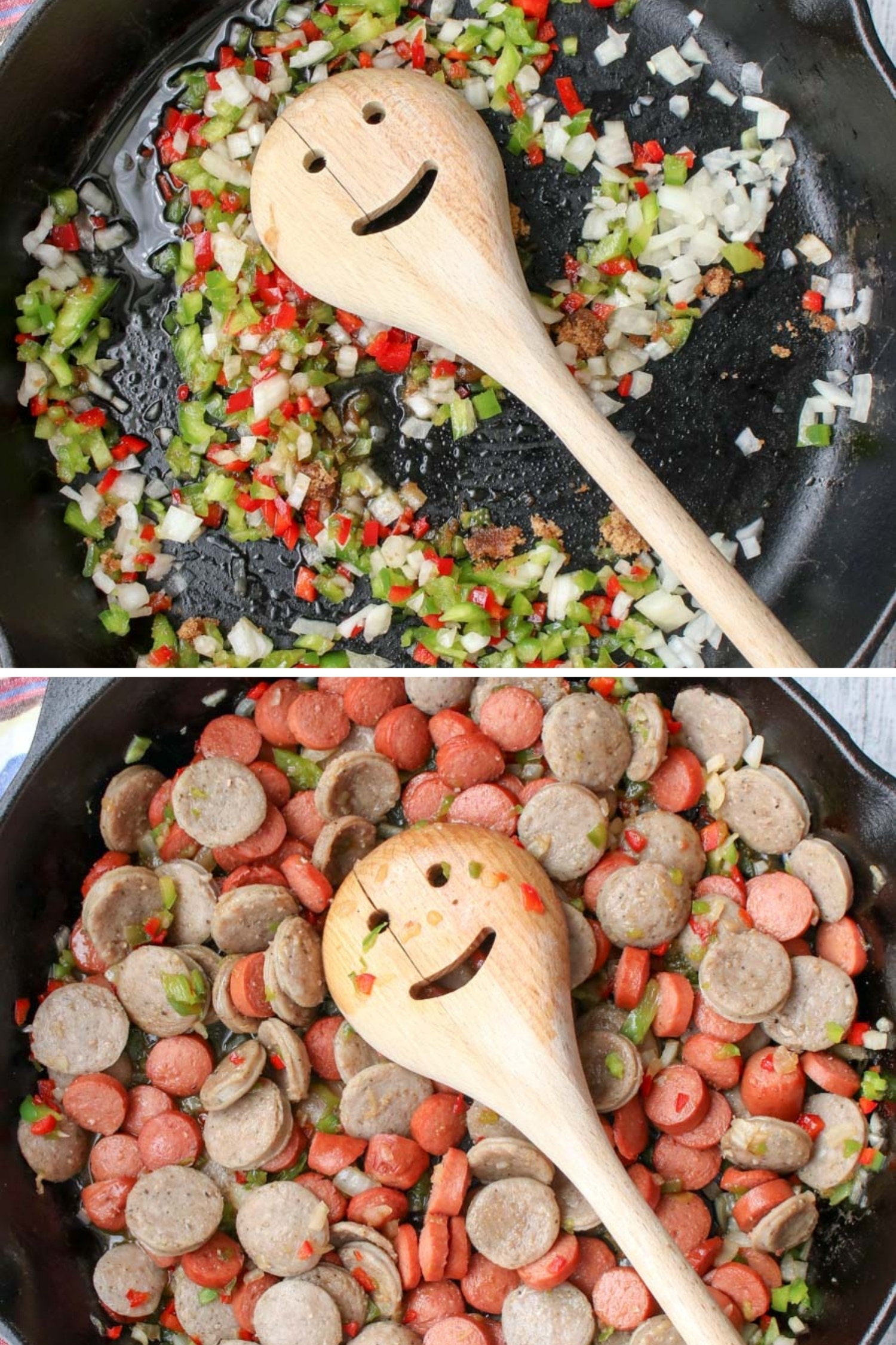 two photos showing how to make beans and weenies