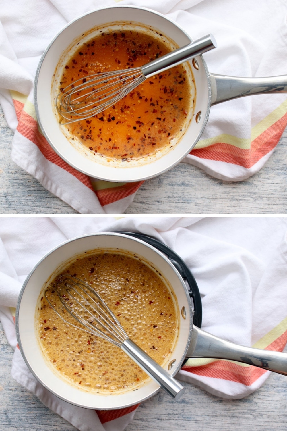 Two photos showing how to make hot honey