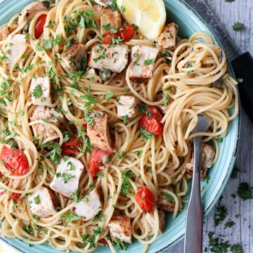 close up shot of chicken piccata pasta