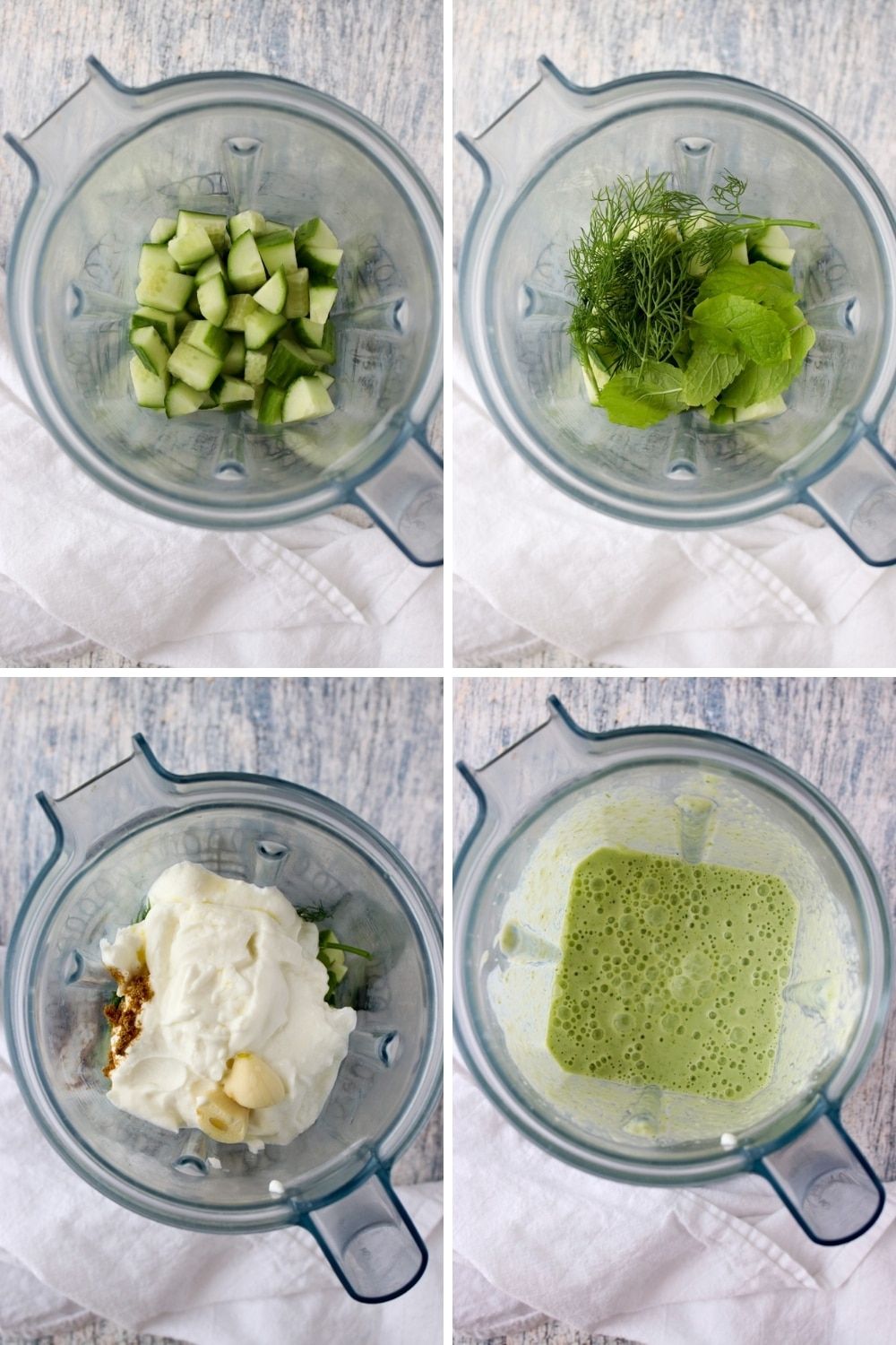 four photos showing how to make yogurt cucumber soup