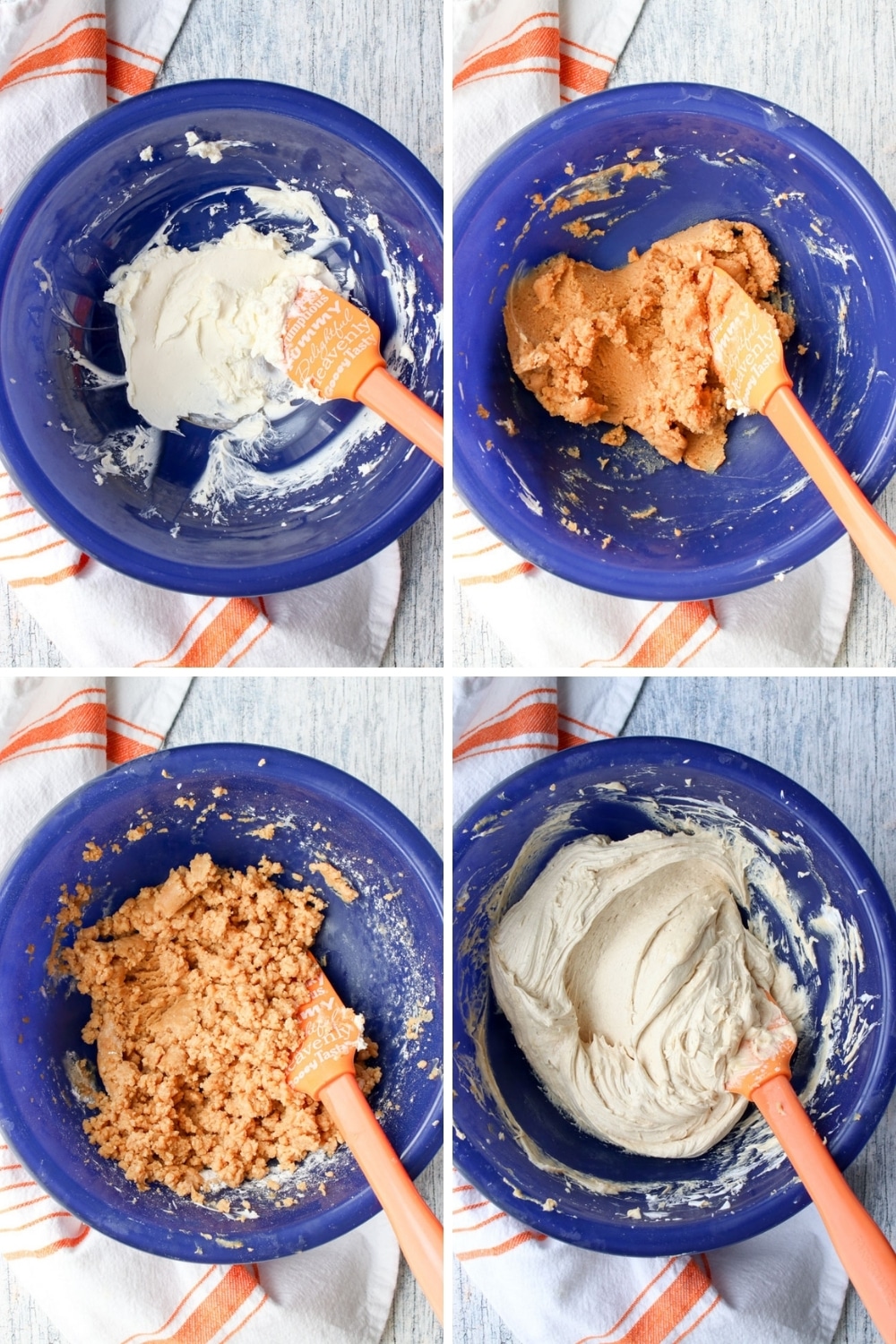 four photos showing how to make peanut butter pie filling